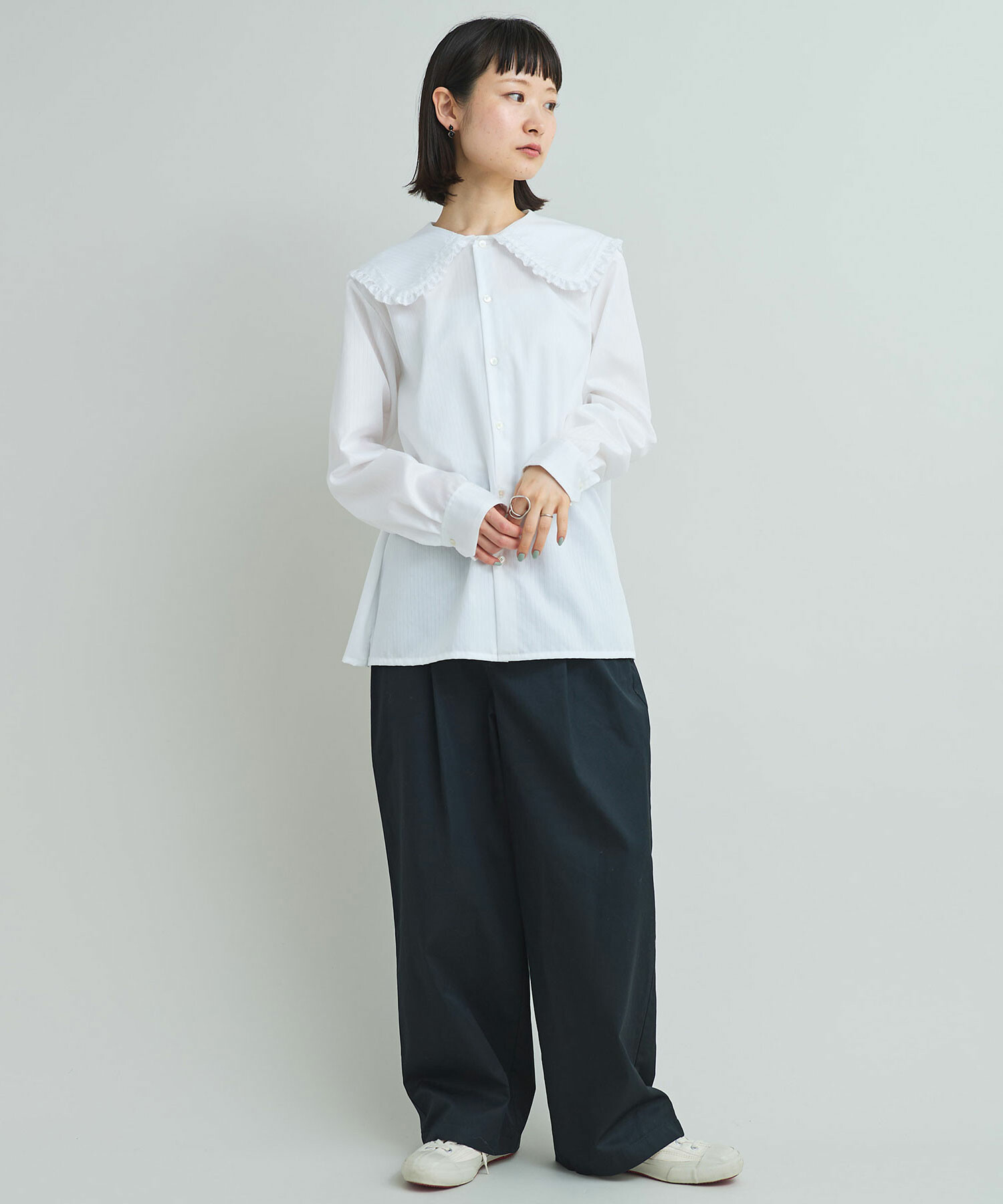 AMBIDEX Store 〇100/2ドビーストライプ フリルフラットカラー シャツ