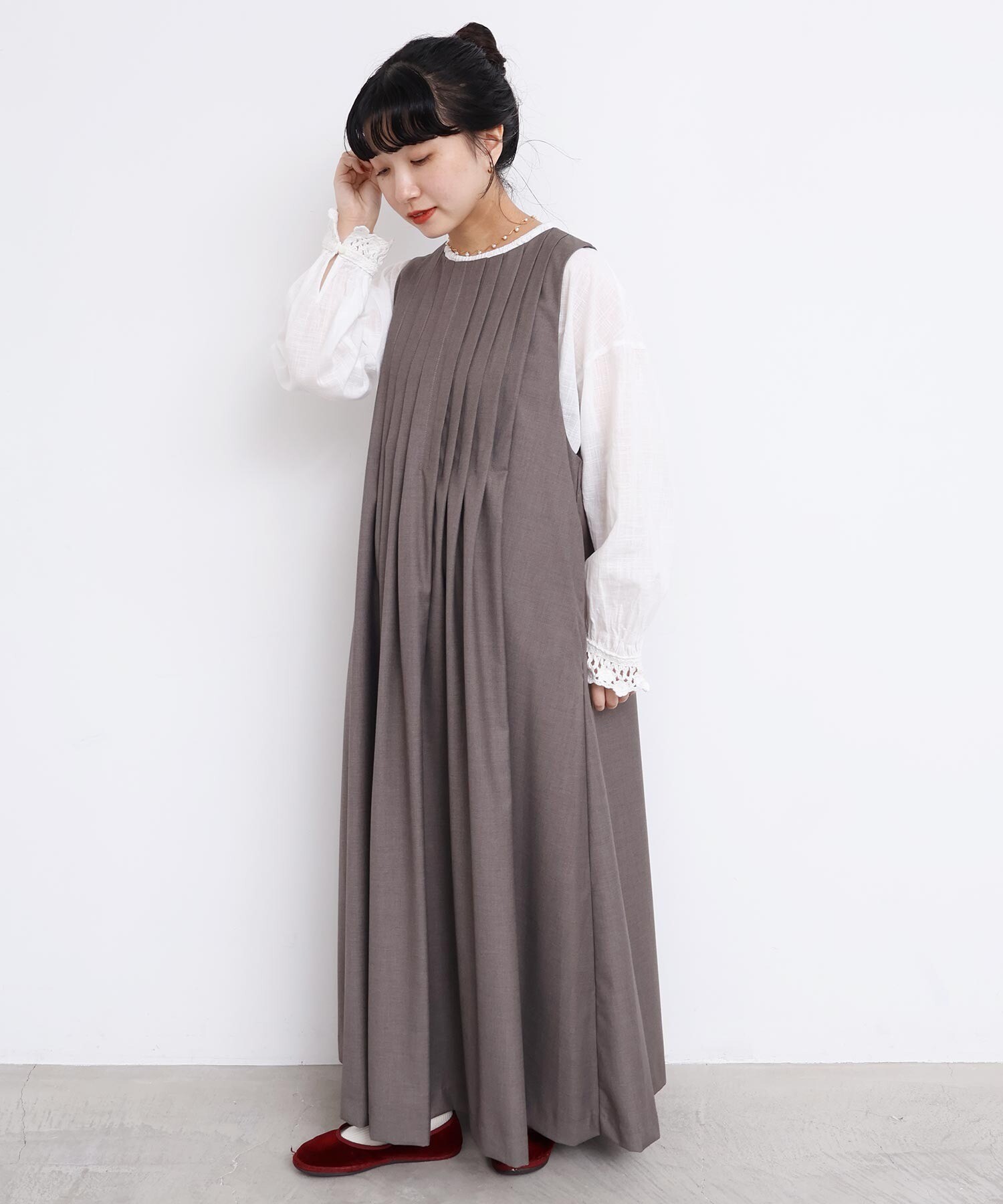 AMBIDEX Store TRプリーツタックノースリワンピース(F グレー): l