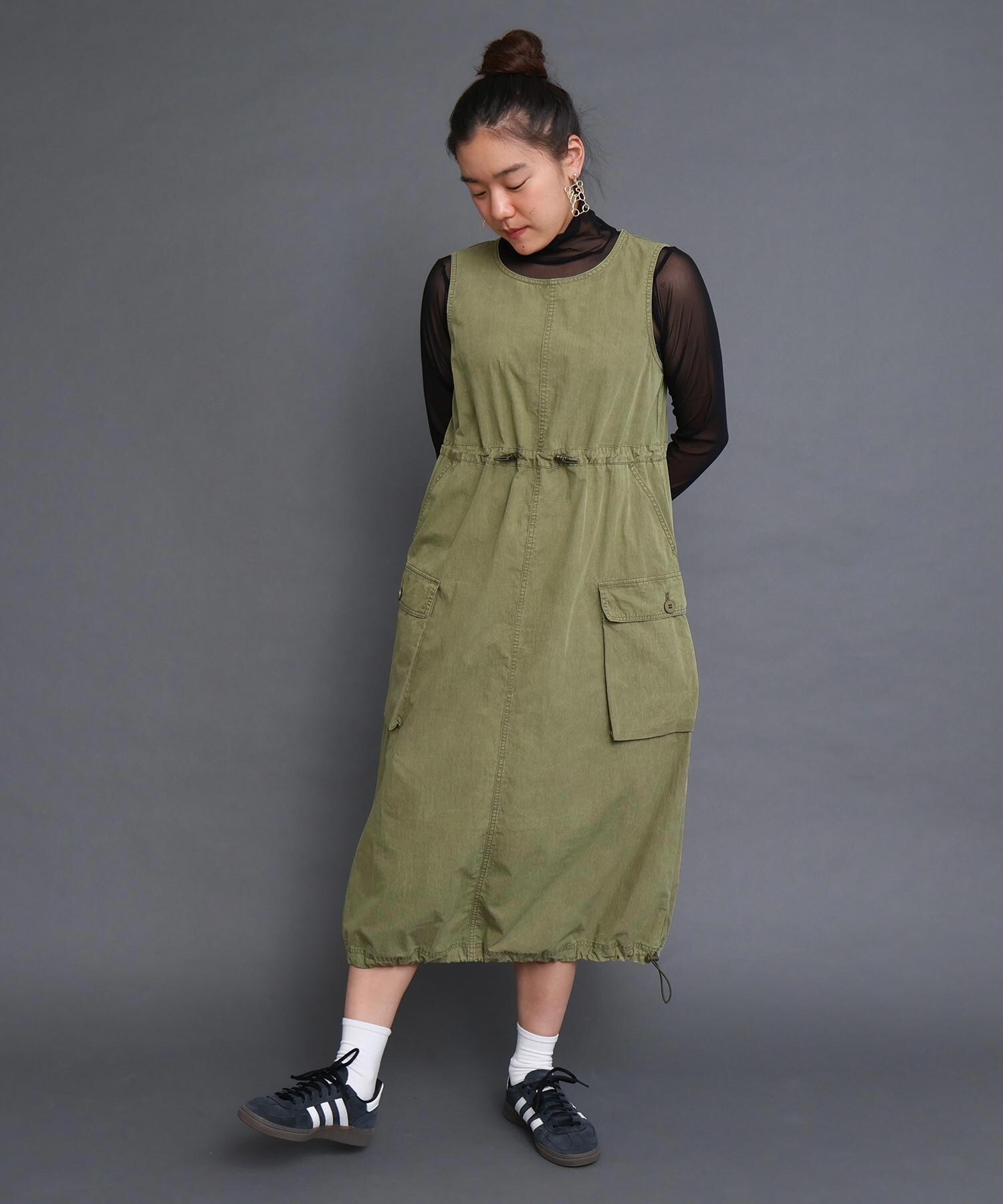 AMBIDEX Store 〇CHEMICAL WASH ギャザーワンピース (F カーキ): l