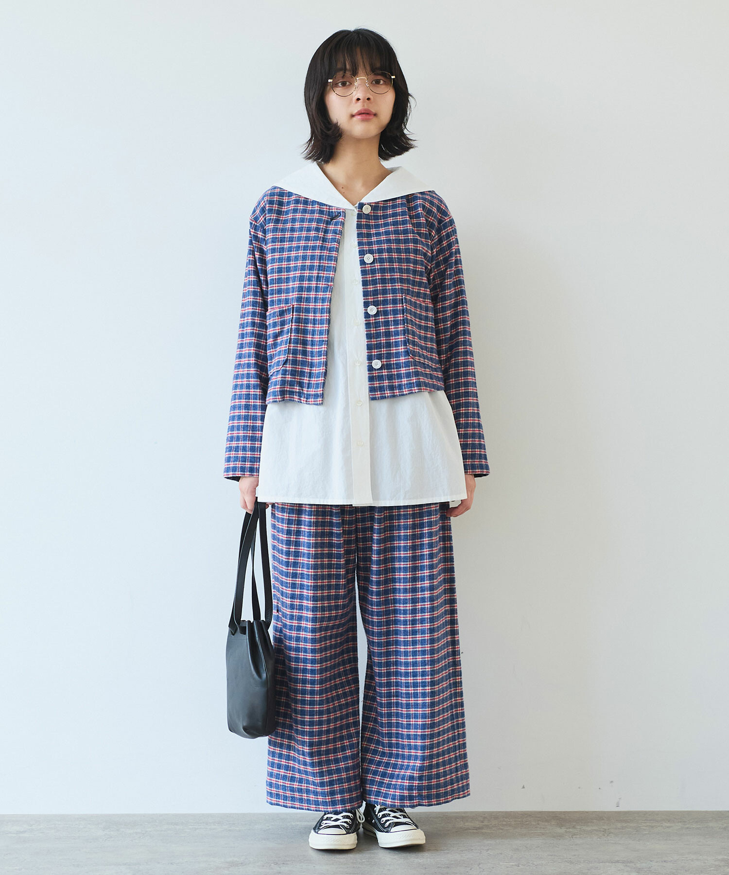 AMBIDEX Store ○ mini チェック ノーカラーブラウス(F アオチェック