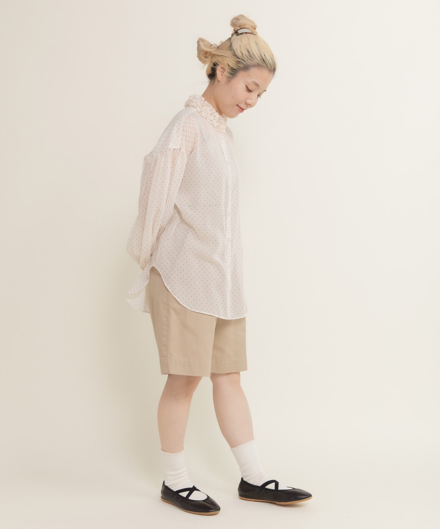 シアードットプリント 2段フリル襟ブラウス