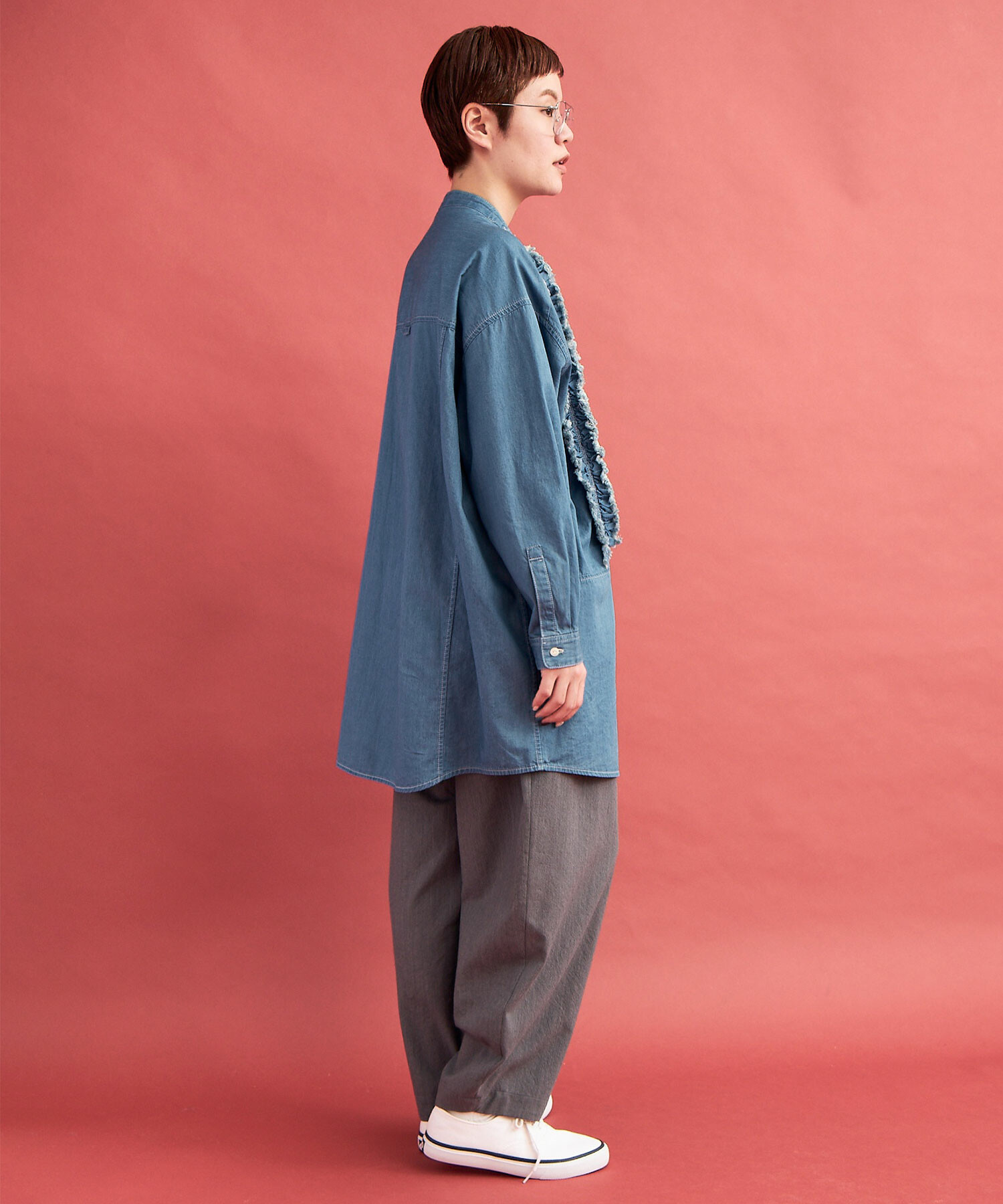 AMBIDEX Store ○5.5oz LIGHT DENIM FRILL シャツ(F INDIGO