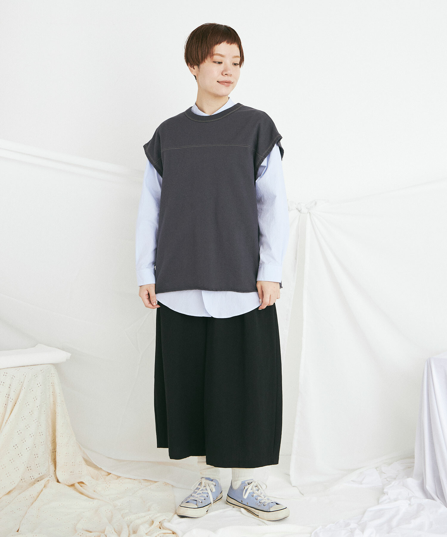 AMBIDEX Store ウール/コットン hira washer CROPPED パンツ(F BLACK