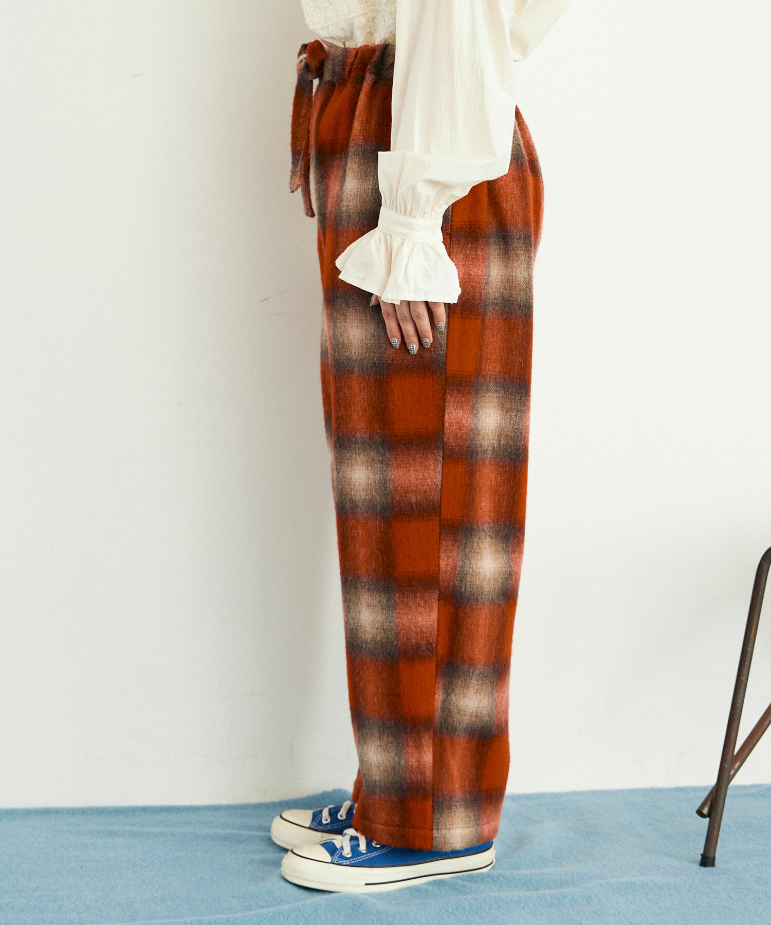 みか　８BOX AMBIDEX Store ○alpaca シャギーチェック パンツ(F RED×BROWN): FLAT