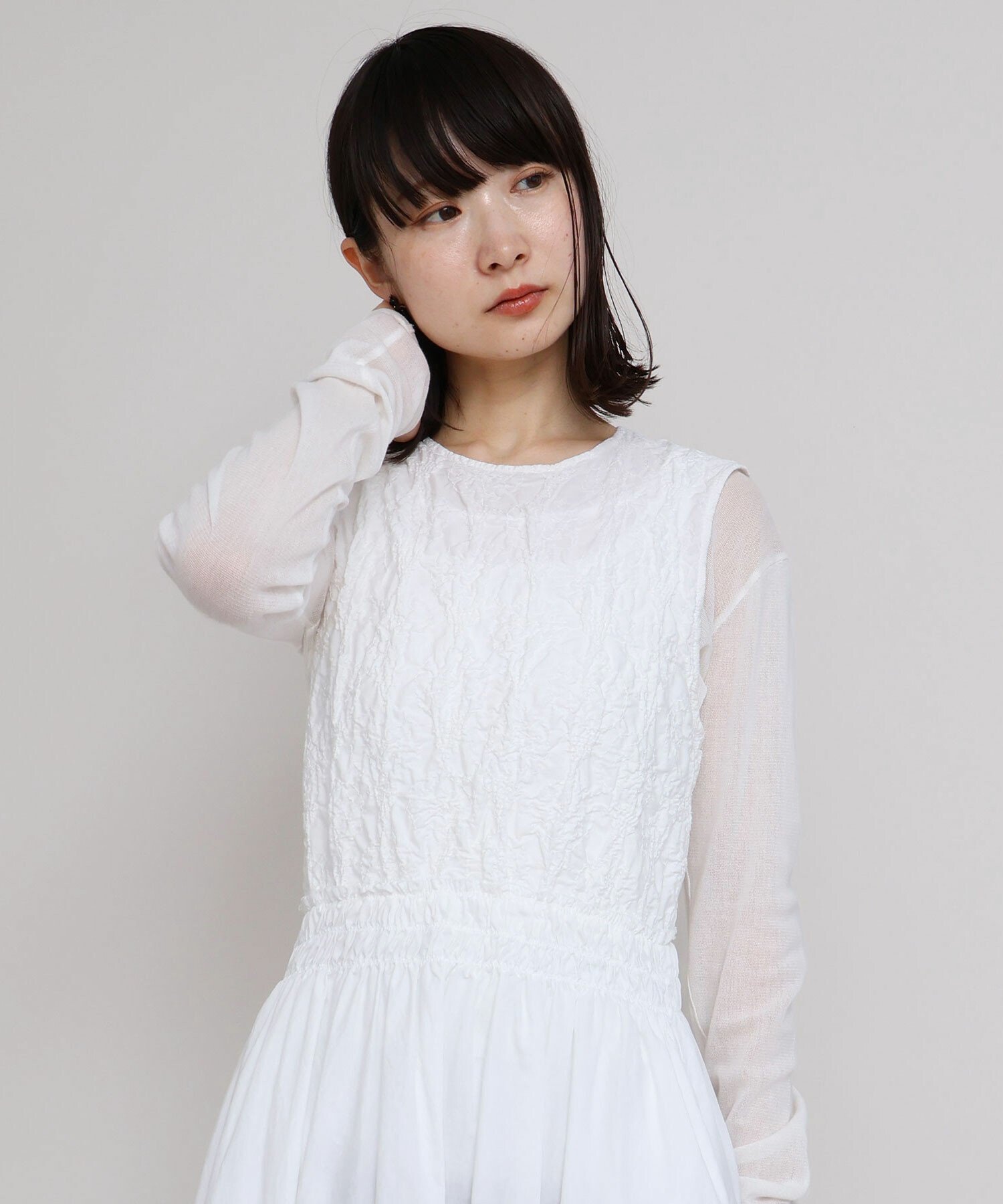 AMBIDEX Store シャーリング刺繍 ノースリギャザー ワンピース(F