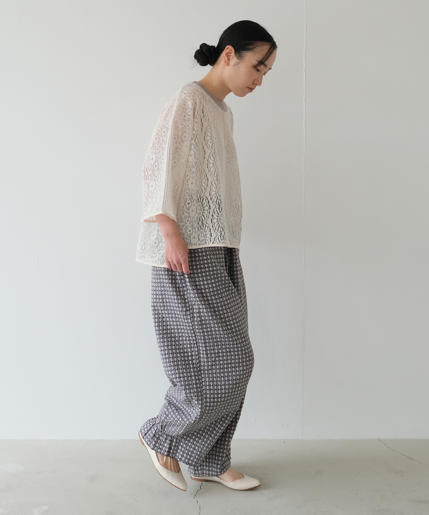 AMBIDEX Store 〇sashiko check ギャザーパンツ(F コン): FLAT-cic-HATENA