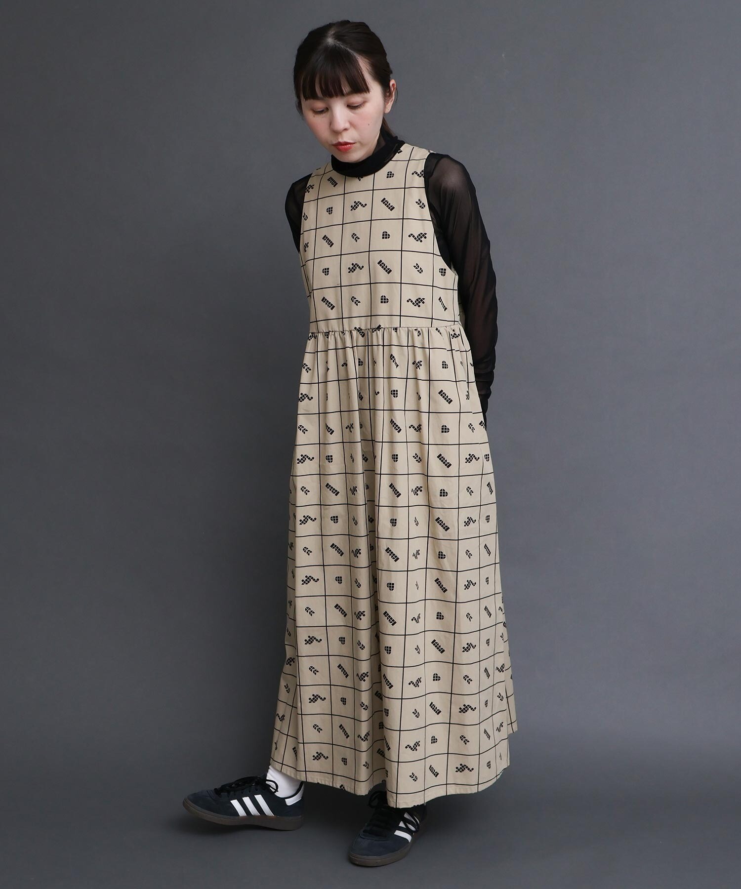 AMBIDEX Store ○〇BLOCK TILE CHECK ワンピース (F ベージュ): l