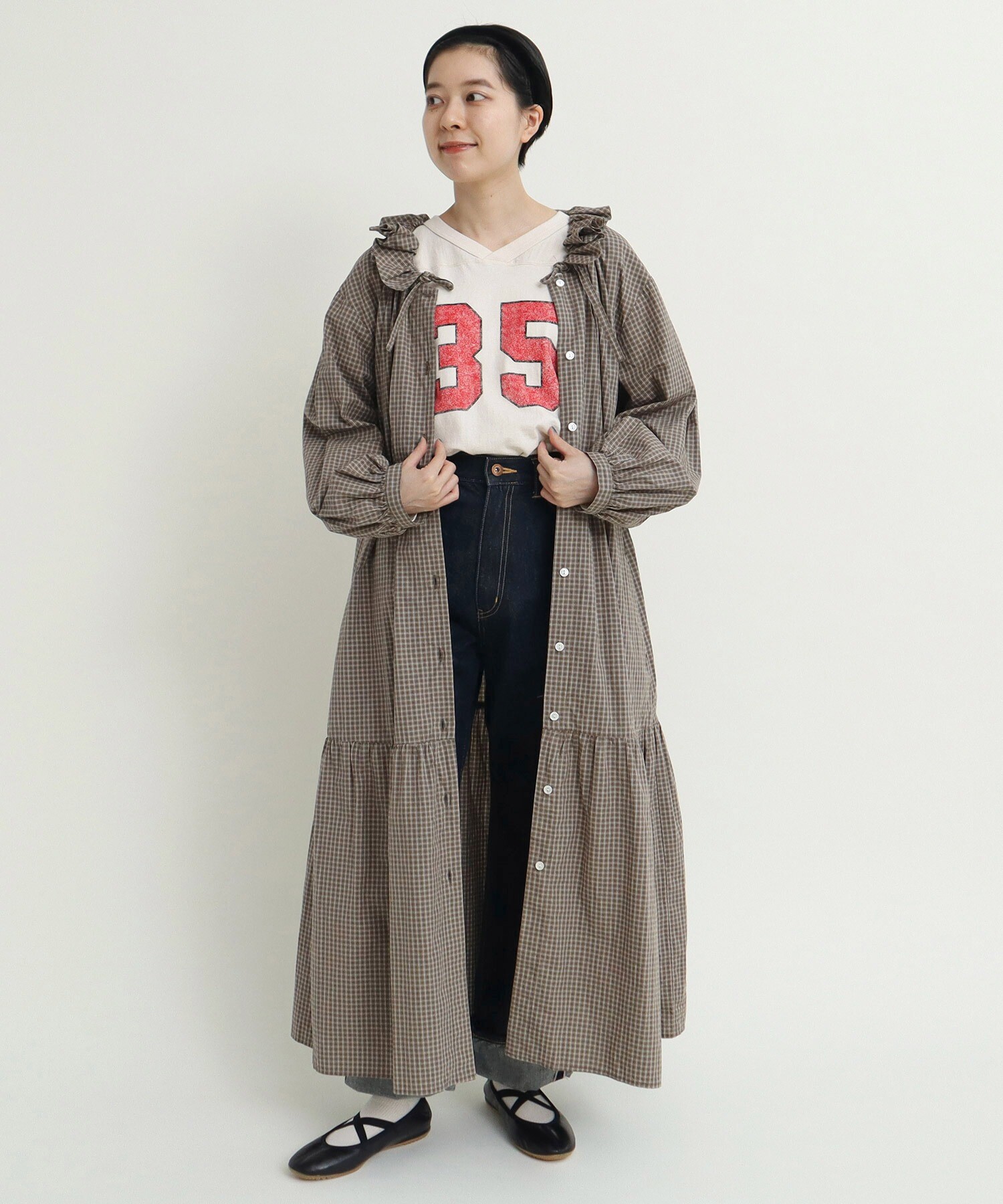 美品 ヨリ チェックオーバージャケット ワンピース コート フード マルチカラー 美品 ヨリ チェックオーバージャケット ワンピース コート