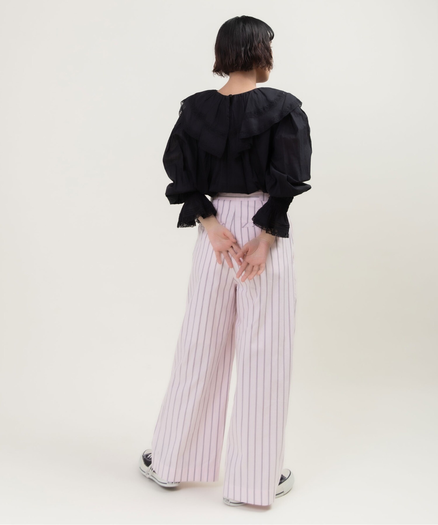 40/-オックスマルチストライプ センタープレスストレートパンツ