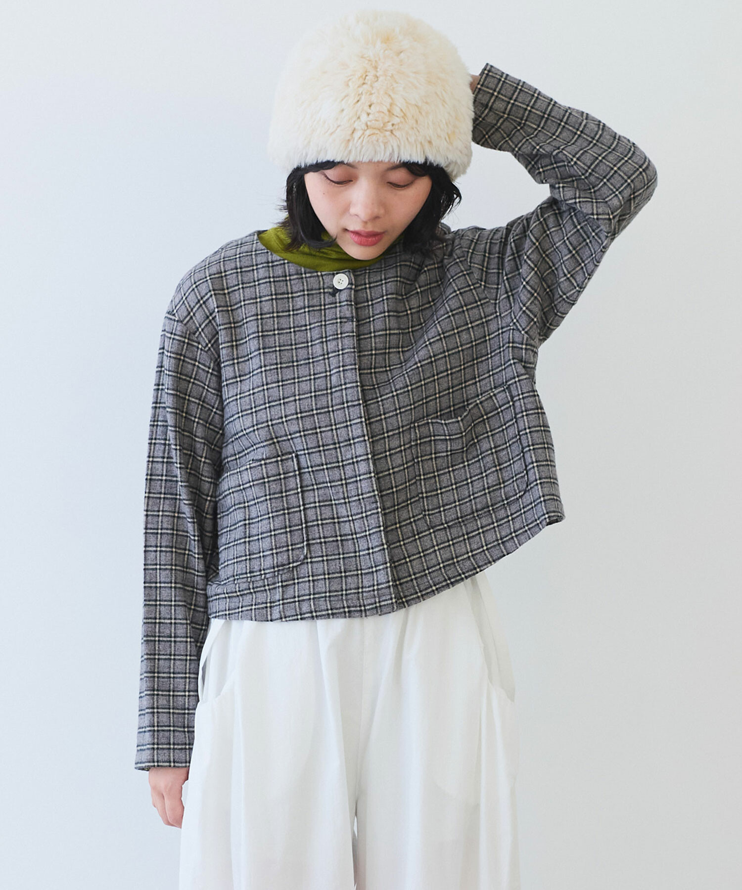 AMBIDEX Store ○ mini チェック ノーカラーブラウス(F アオチェック