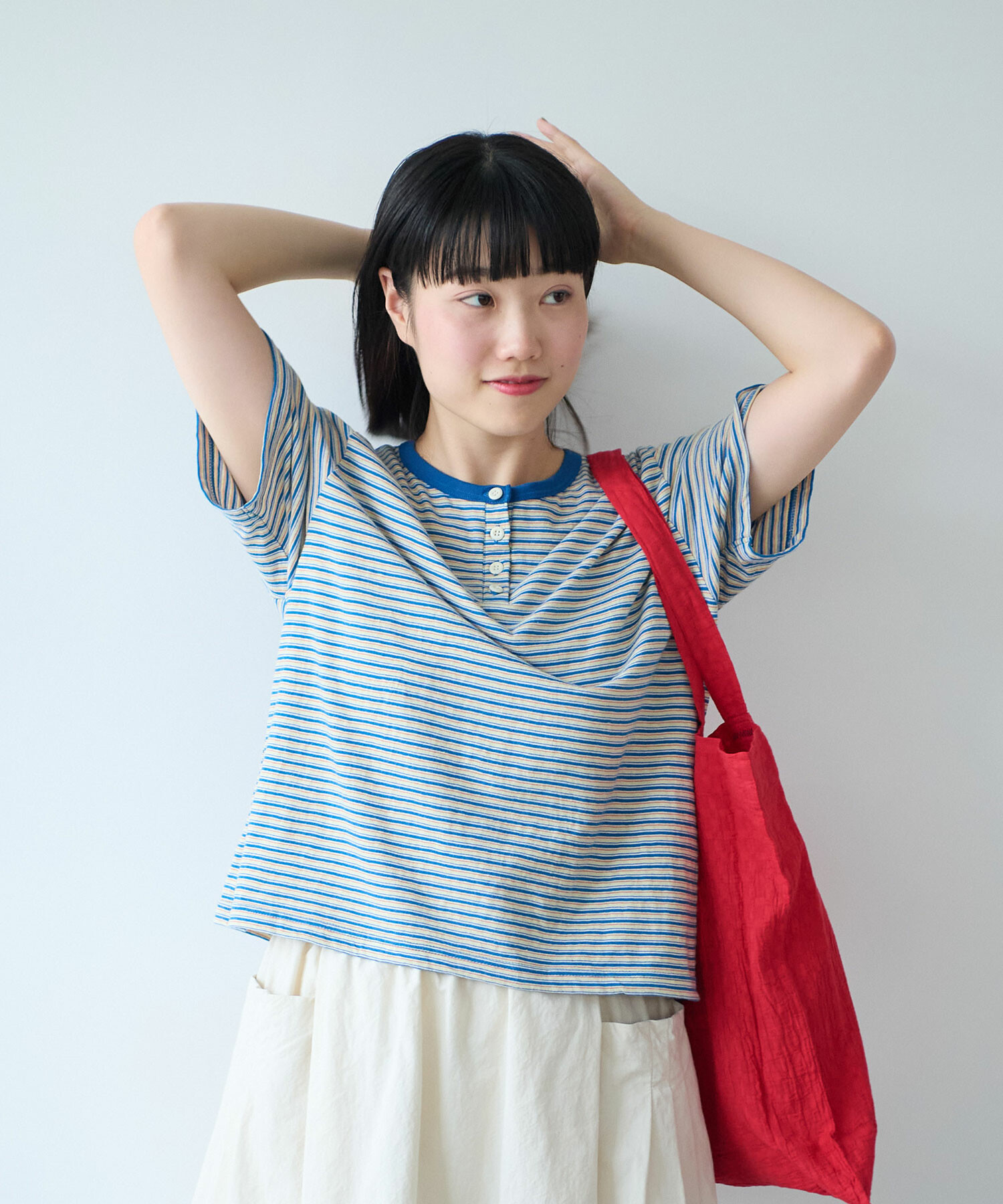 AMBIDEX Store ○ マルチボーダー ヘンリーネック Tシャツ(F アカ
