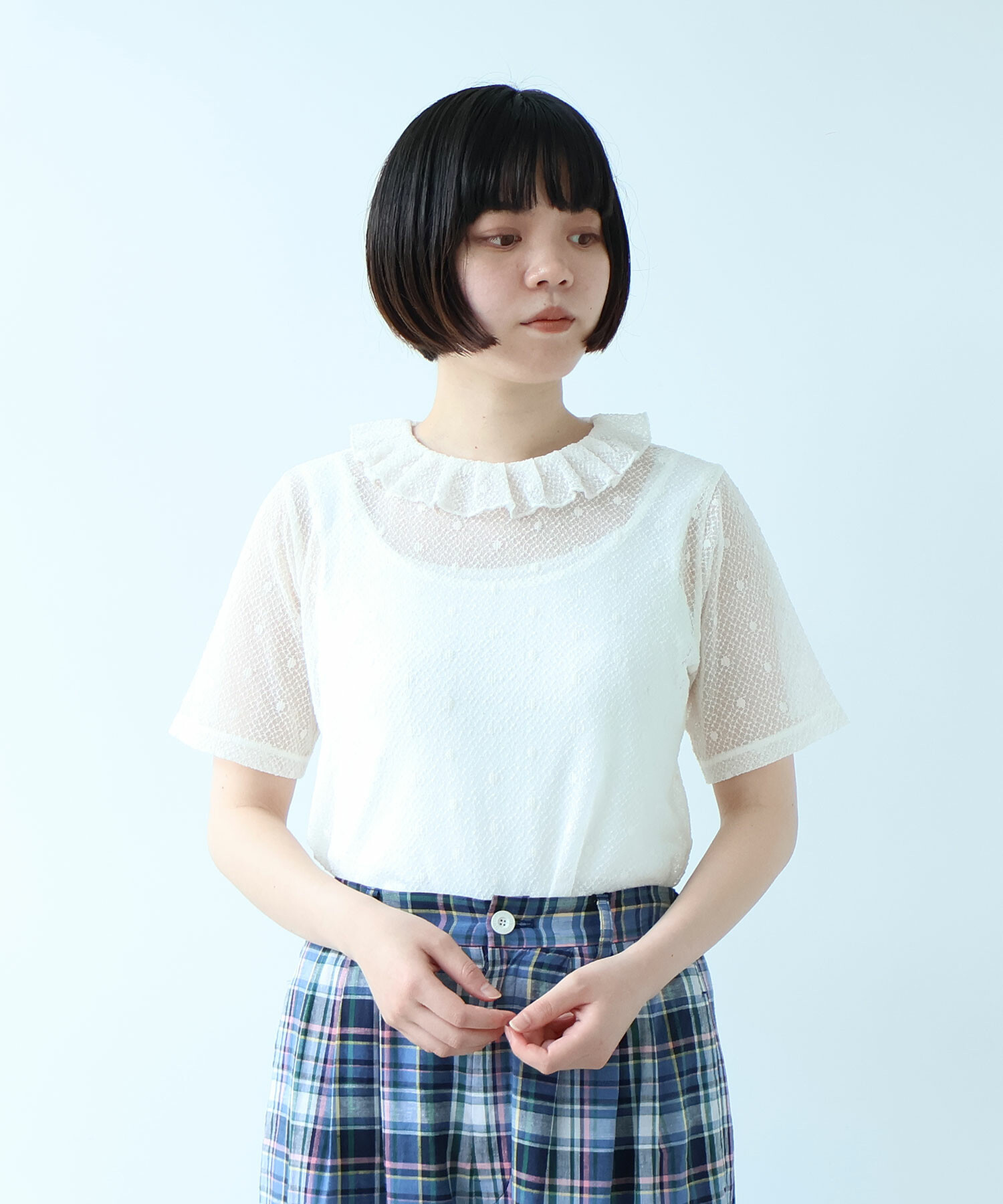 AMBIDEX Store ○ ナイロン / コットン ラッセルドット タック襟 半袖