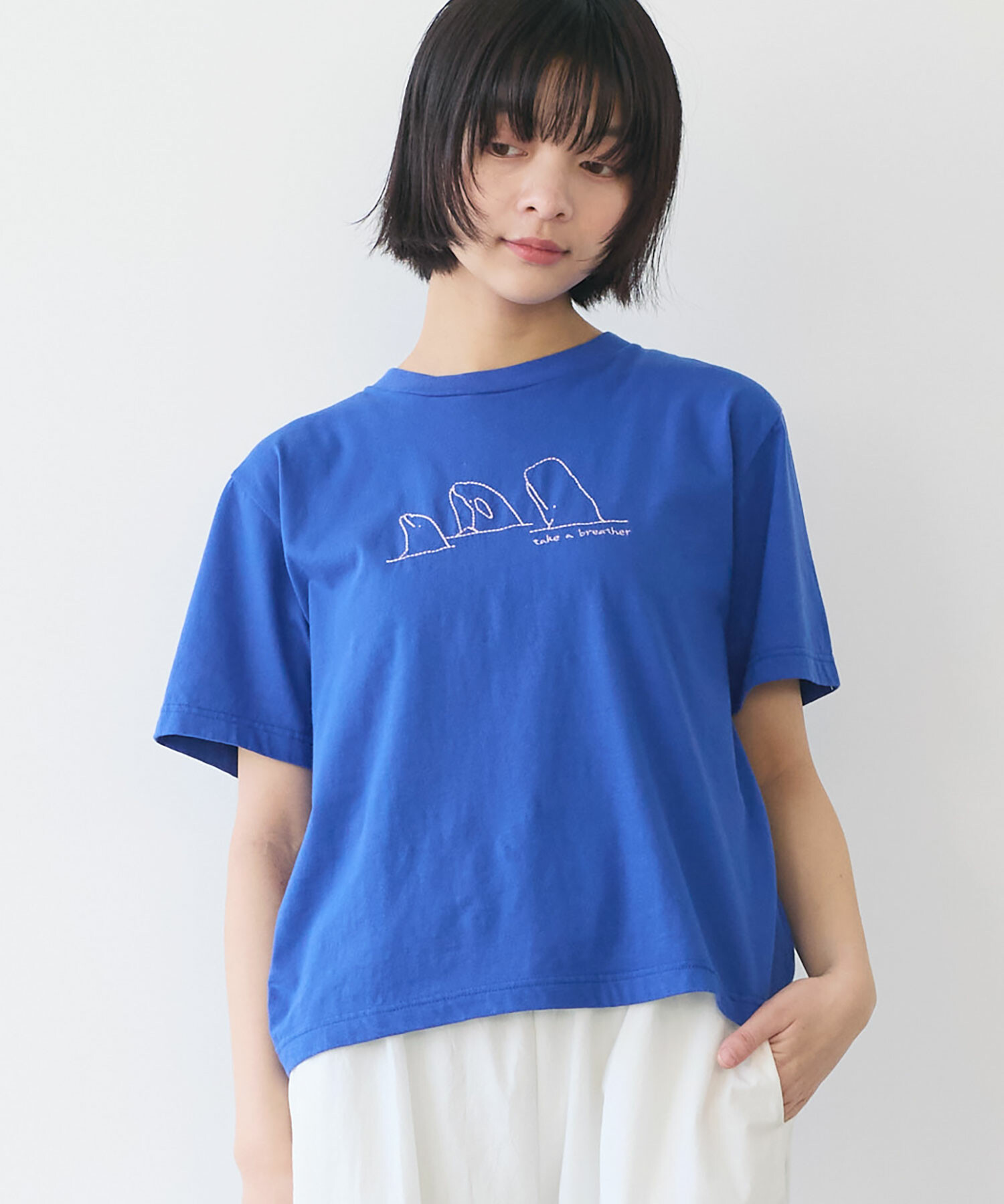 AMBIDEX Store 〇 くじらのなかまたち 刺繍Tシャツ(F アオ