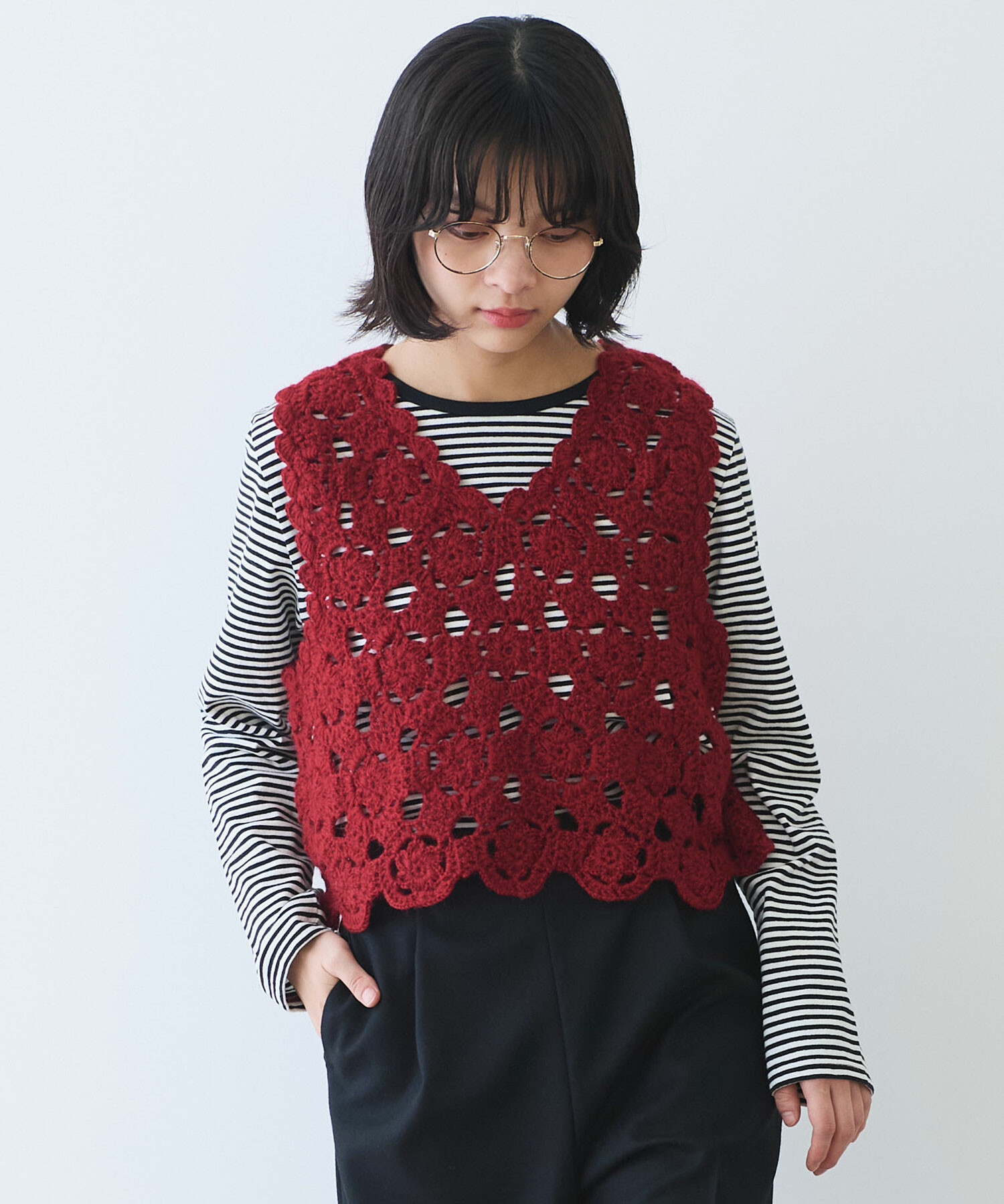 AMBIDEX Store ○ ネパールハンドニット かぎ針レース ベスト(F シロ