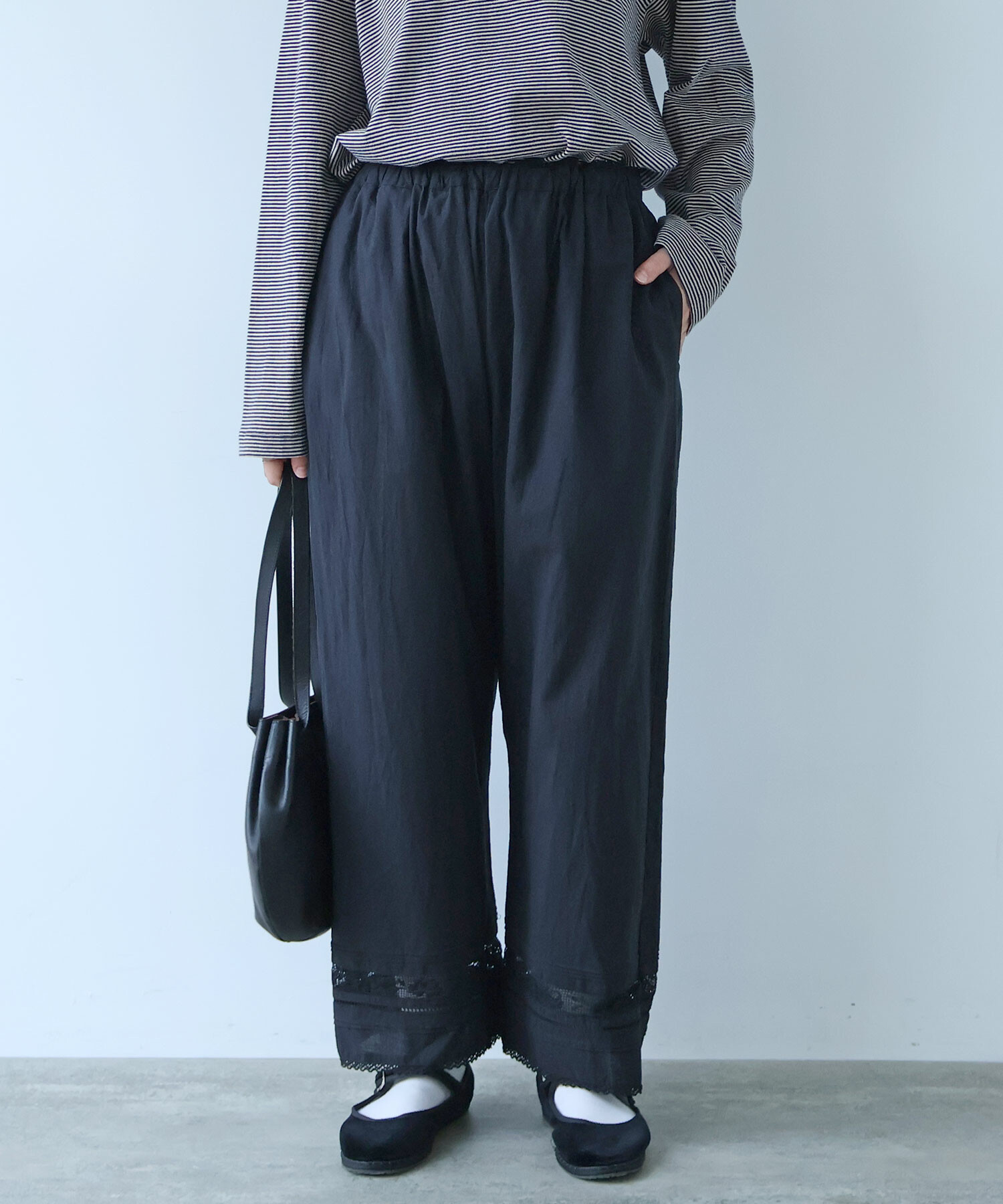 AMBIDEX Store 〇 コットン / リネン lace×pin tuck パンツ(F クロ