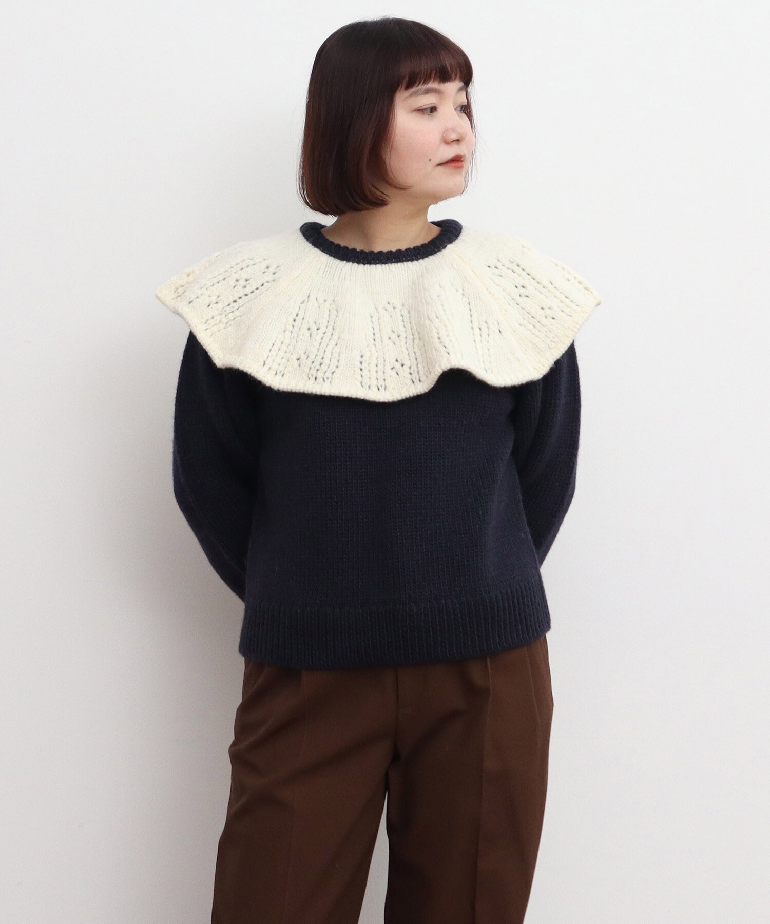 AMBIDEX Store ○1/3Wool 透かし編みケープ襟プルオーバー(F キナリ