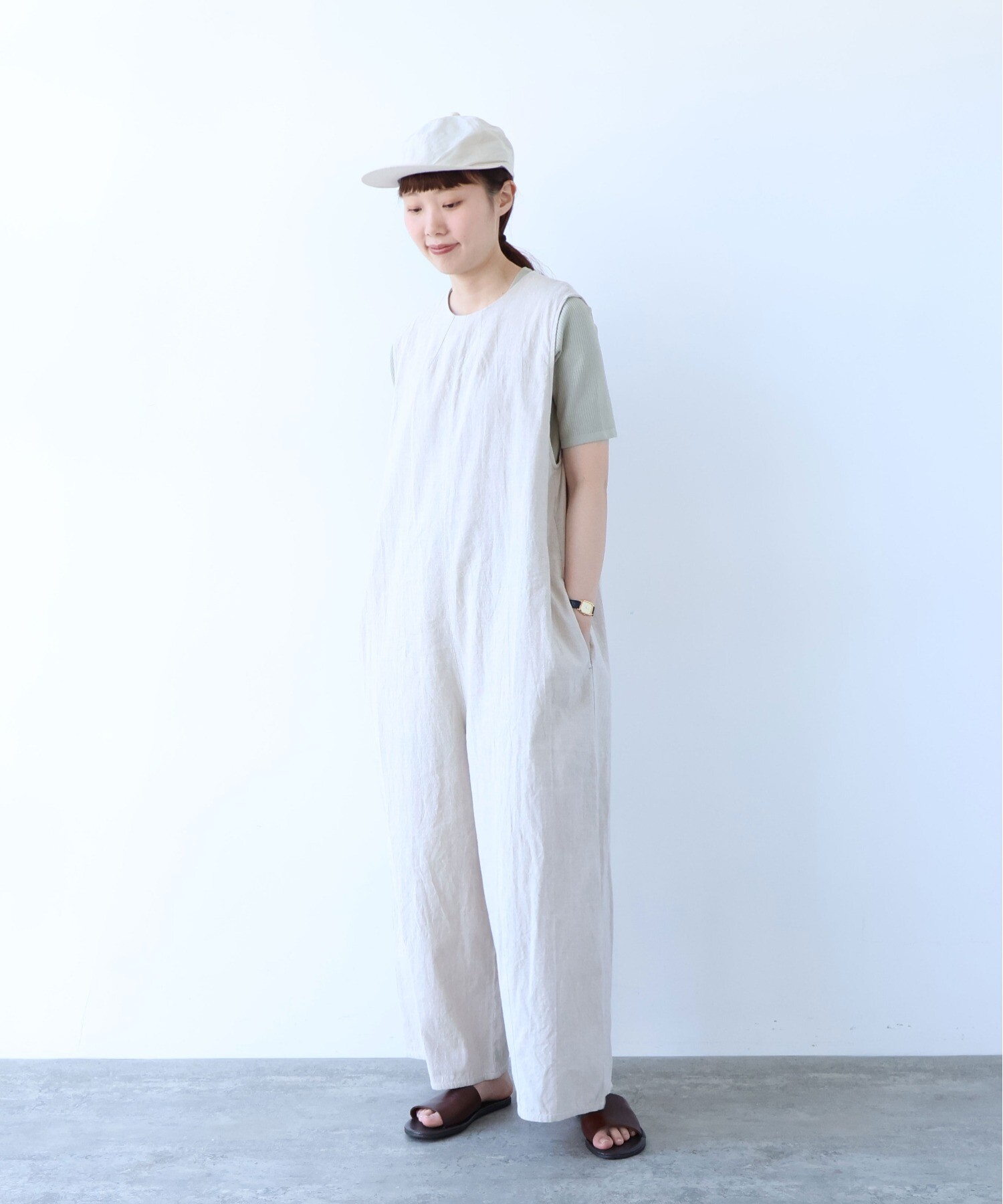 ササキチホ　オールインワン　cotton linen生成り TUTIE.｜【tomomiさんコラボ】コットンリネンウエストギャザー