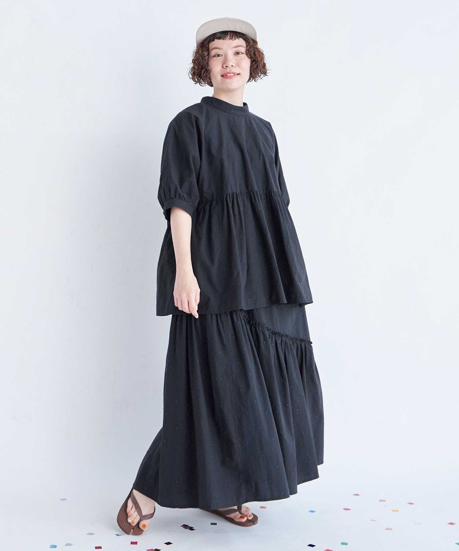 AMBIDEX Store ○ラメ刺繍DOT ギャザードルマンブラウス(F BLACK