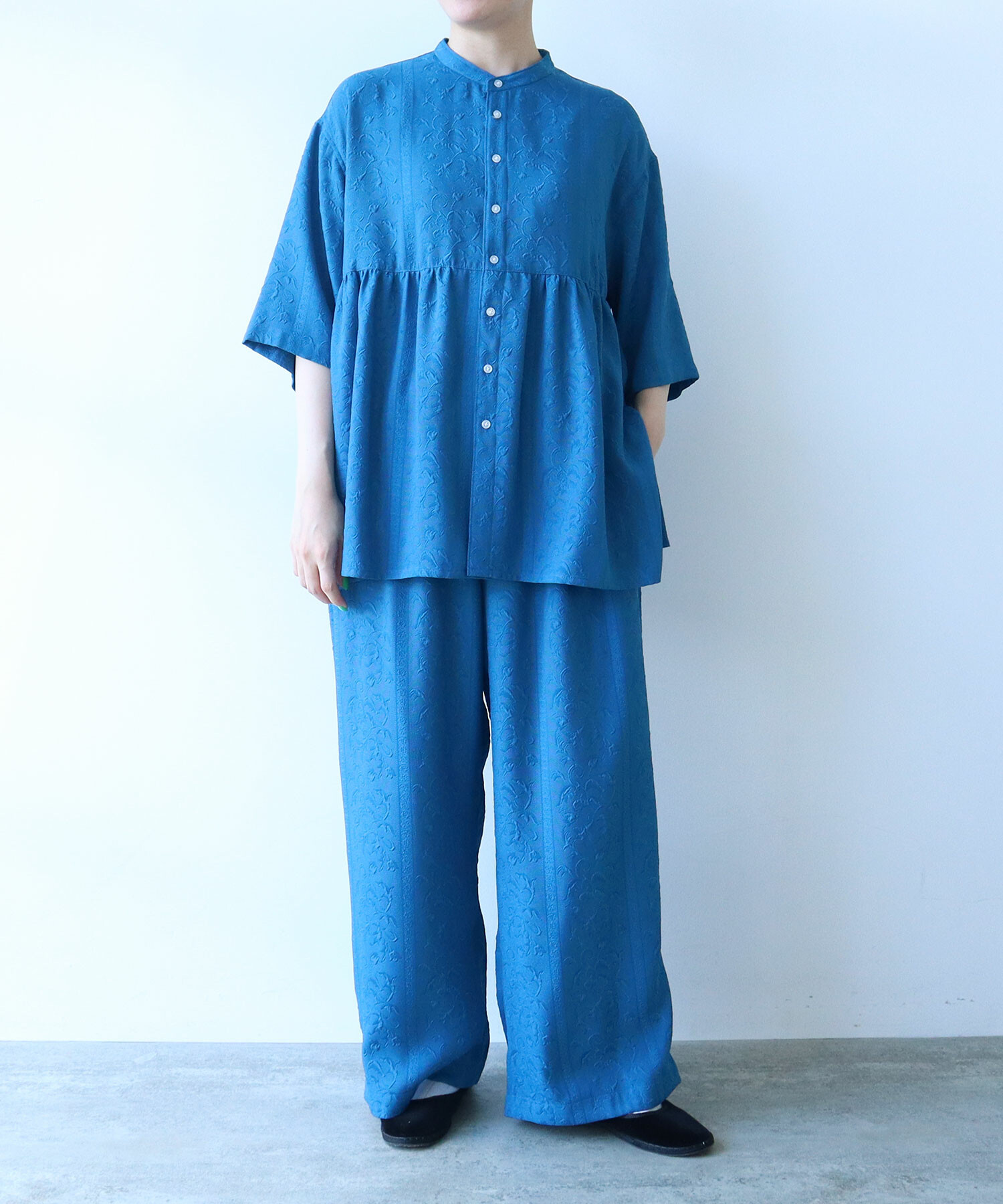 AMBELL アンベル　日本製　チェック柄 ジャガード　刺繍　パンツ AMBIDEX Store ○botanical stripe パンツ(F NAVY): FLAT-cic-HATENA