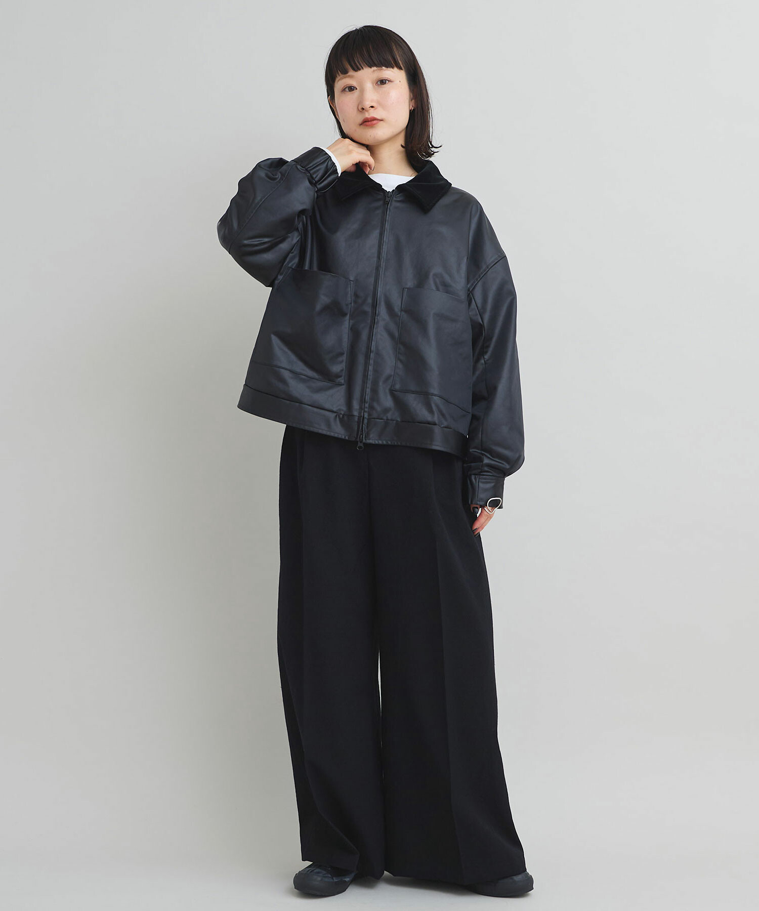 AMBIDEX Store フェイクレザージップ ブルゾン(F クロ): iki