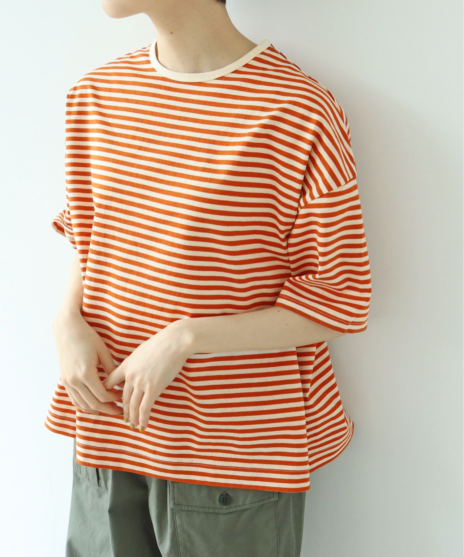 AMBIDEX Store △ボーダー配色バインダー 5分袖BIG Tシャツ(F