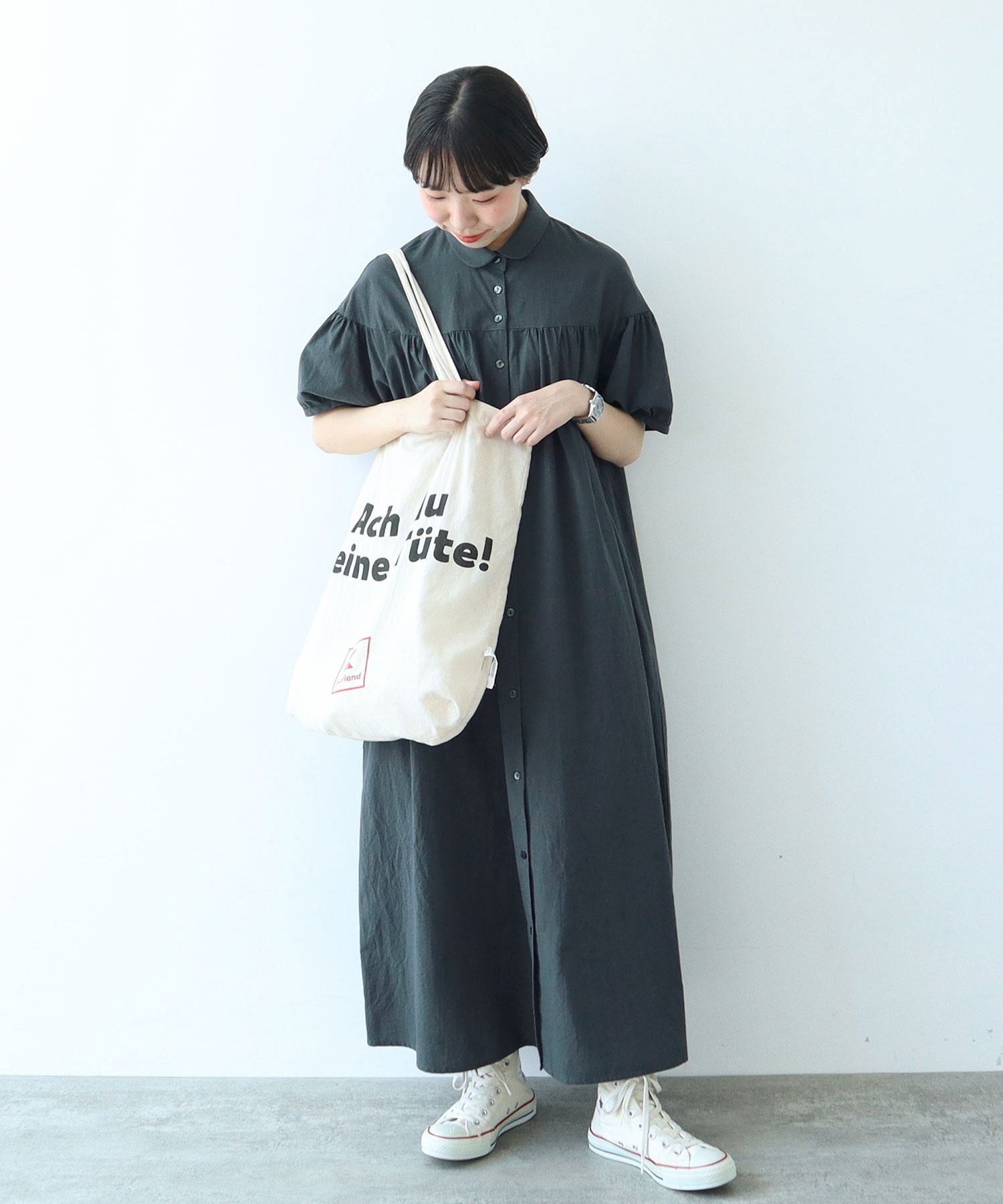 【立川限定】リネン丸襟ギャザーワンピース 立川限定】リネン丸襟ギャザーワンピース（ブラック/レッド/モカ
