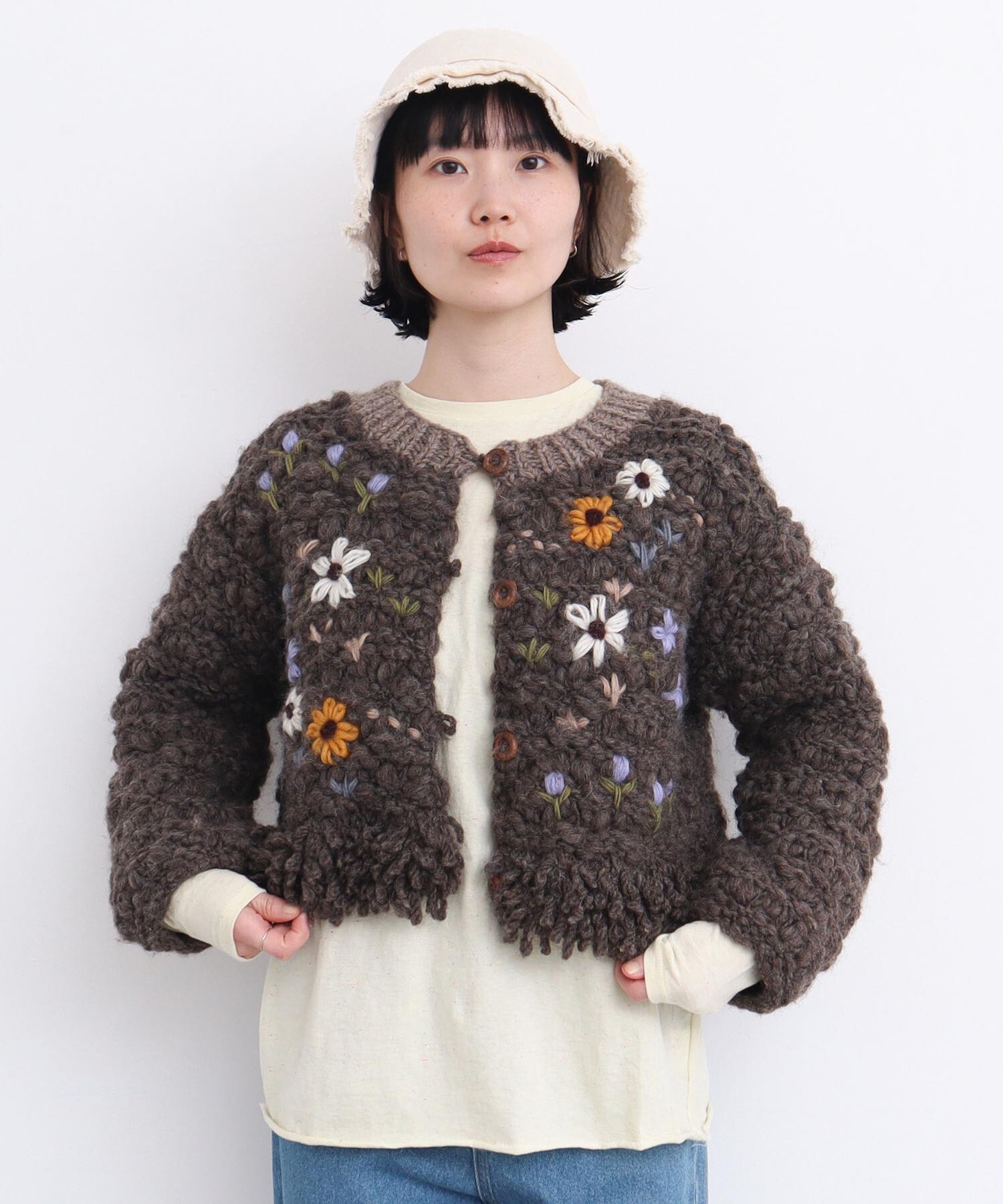 AMBIDEX Store 〇花の咲く散歩道 ハンドニットカーディガン (F チャ