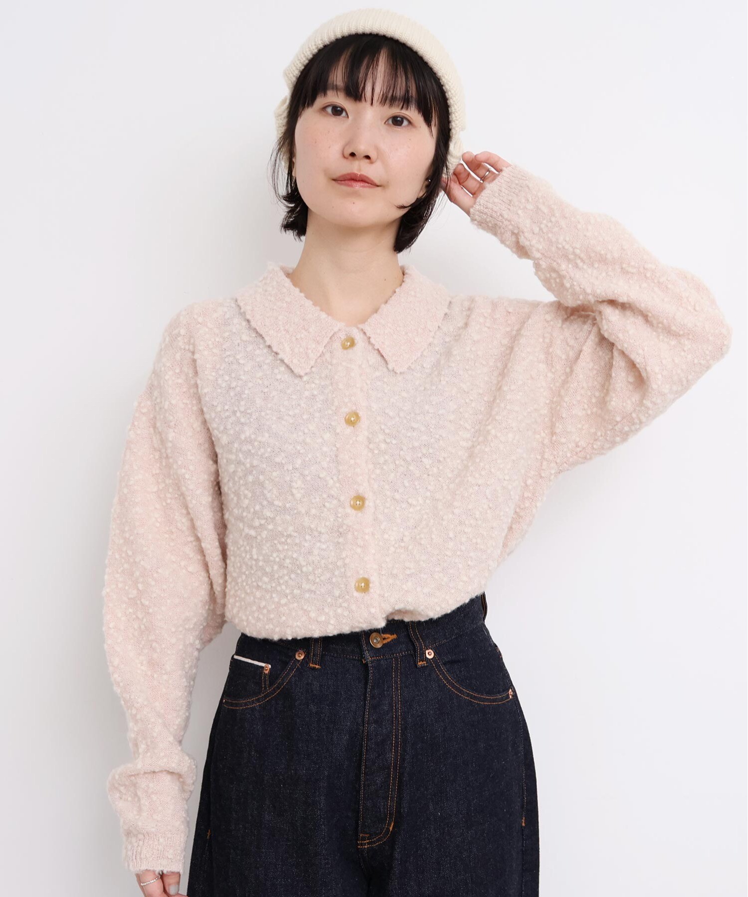 AMBIDEX Store 〇きらっとしたニット 襟付きカーディガン(F ピンク): l