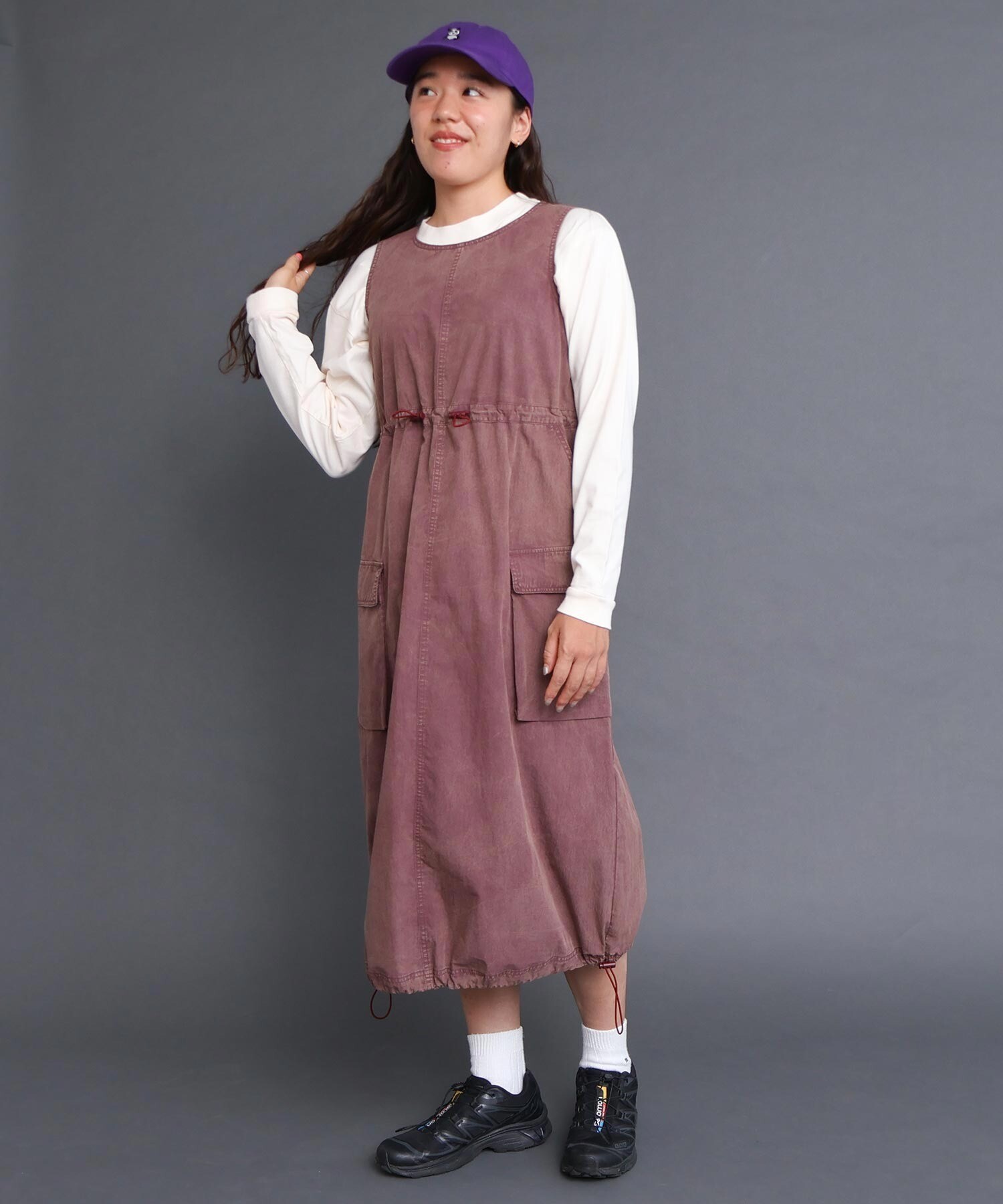 AMBIDEX Store ○〇CHEMICAL WASH ギャザーワンピース (F ベージュ): l