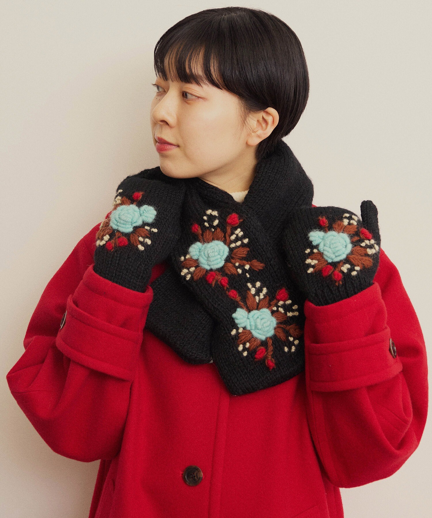 AMBIDEX Store ○【WEB別注】ネパールハンドニット 刺繍ミトン(F クロ