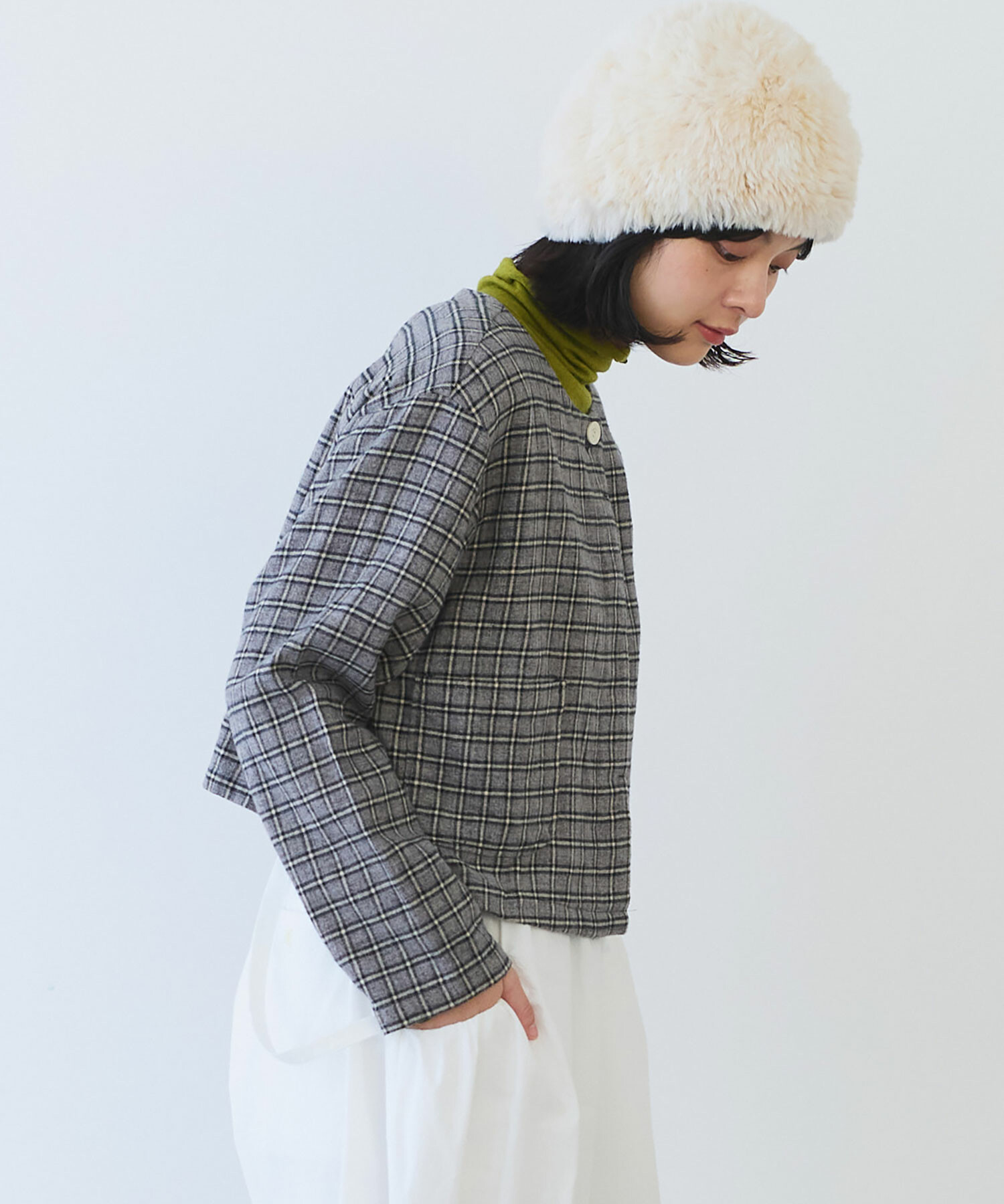 AMBIDEX Store ○ mini チェック ノーカラーブラウス(F アオチェック