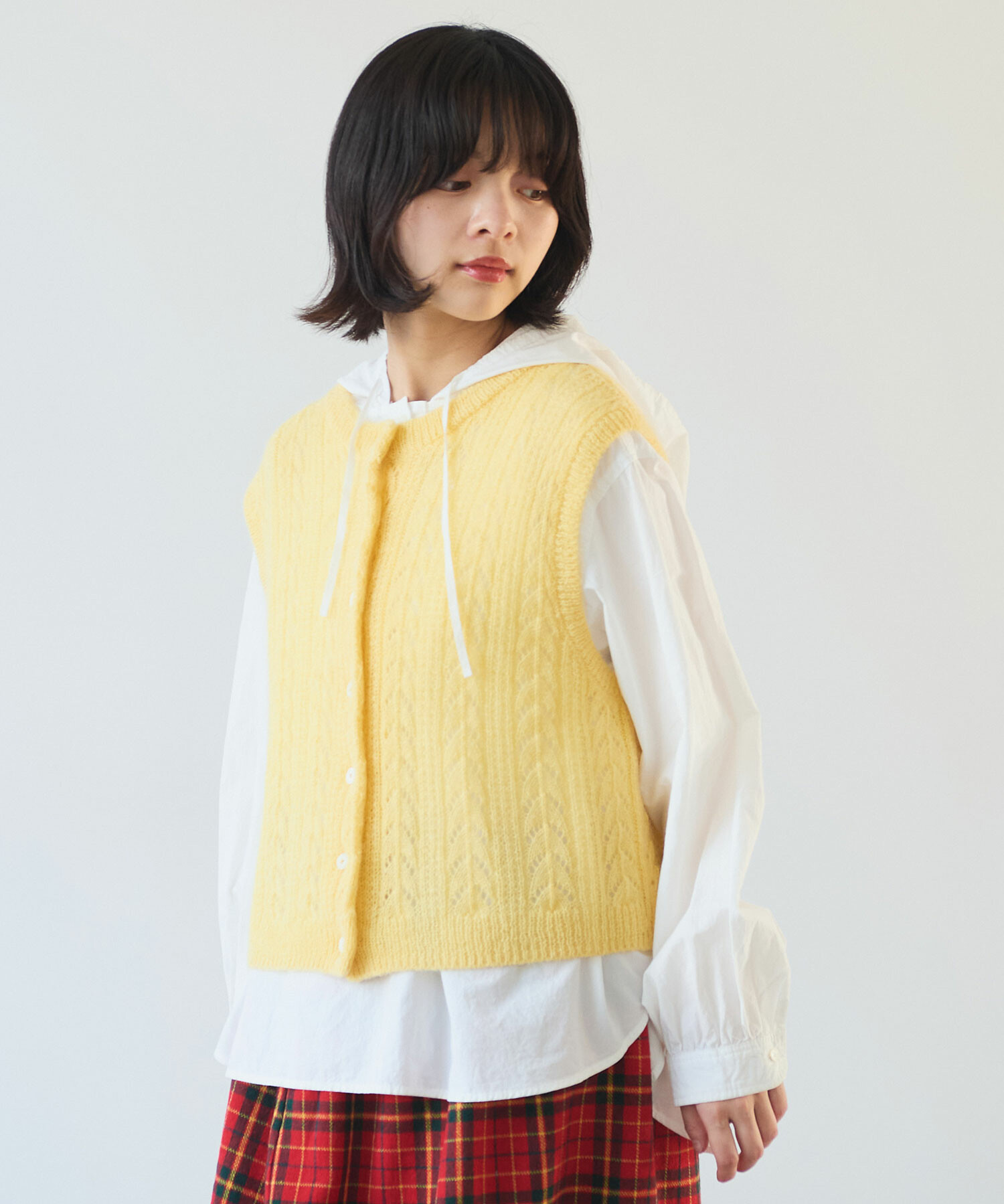 AMBIDEX Store 〇 ふわふわ 透かし編み ニットベスト(F イエロー