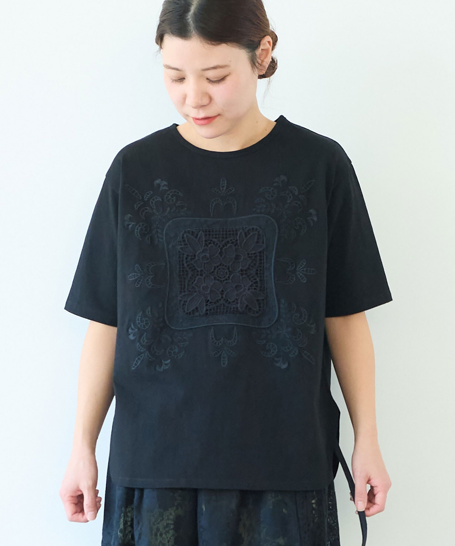 古着 cheer ロゴ 刺繍 tシャツ リメイク 袖 フリル ネイビー