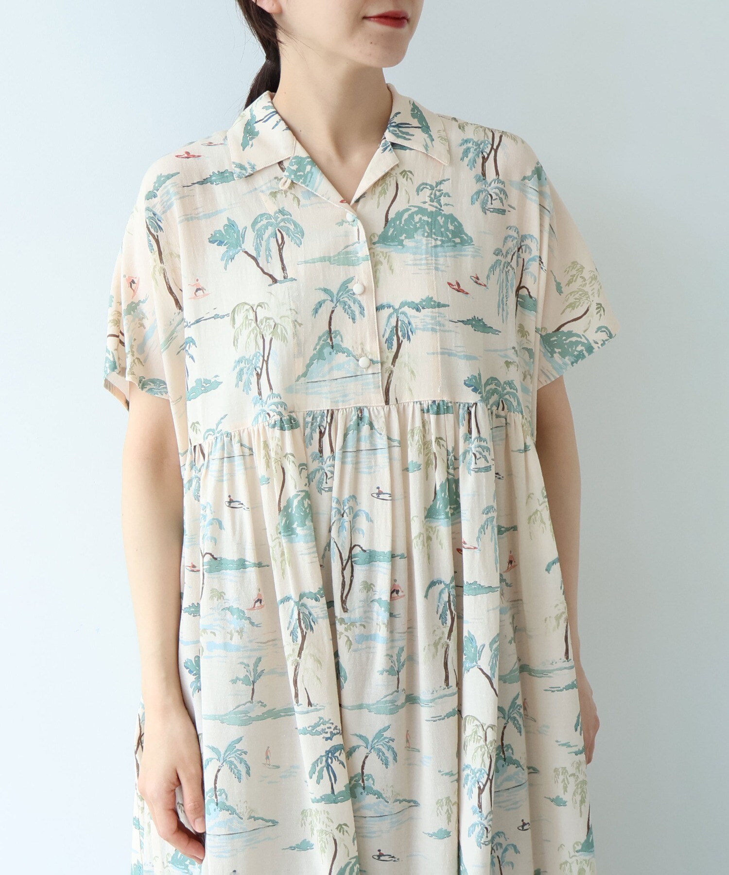 AMBIDEX Store Island print tiered open collar ワンピース(F ピンク