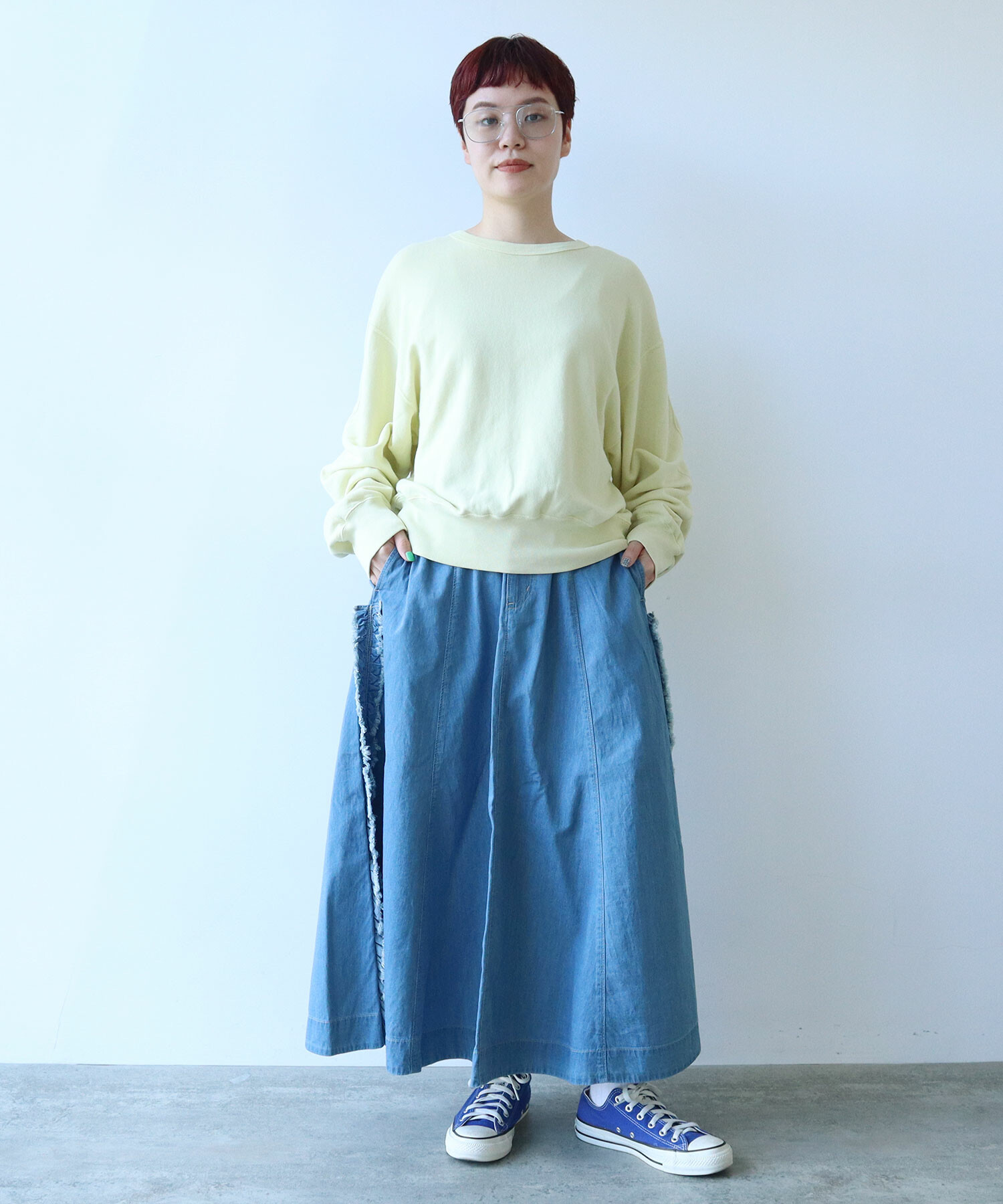 AMBIDEX Store 5.5oz LIGHT DENIM FLARE スカート(F LIGHT BLUE