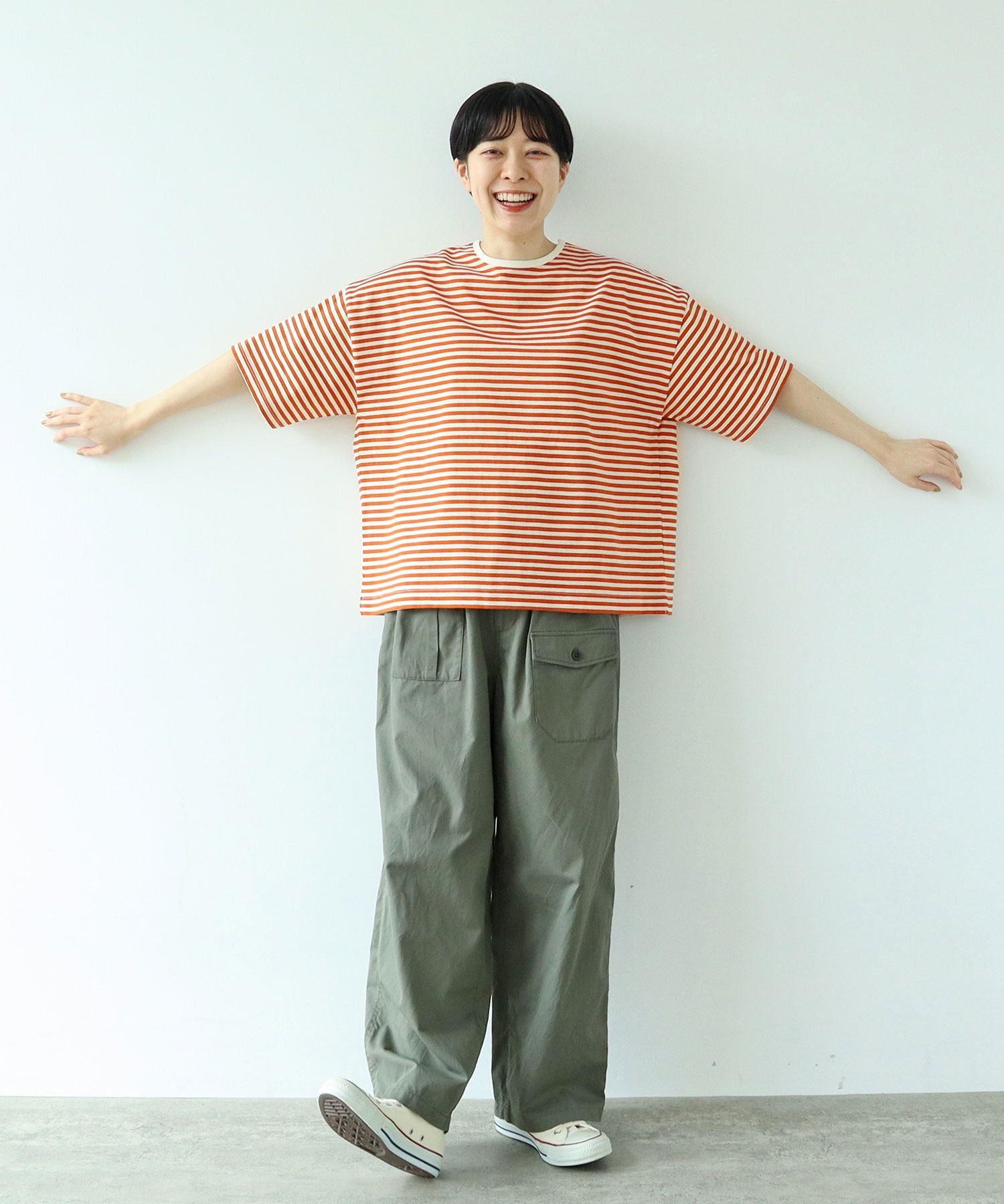 AMBIDEX Store △ボーダー配色バインダー 5分袖BIG Tシャツ(F