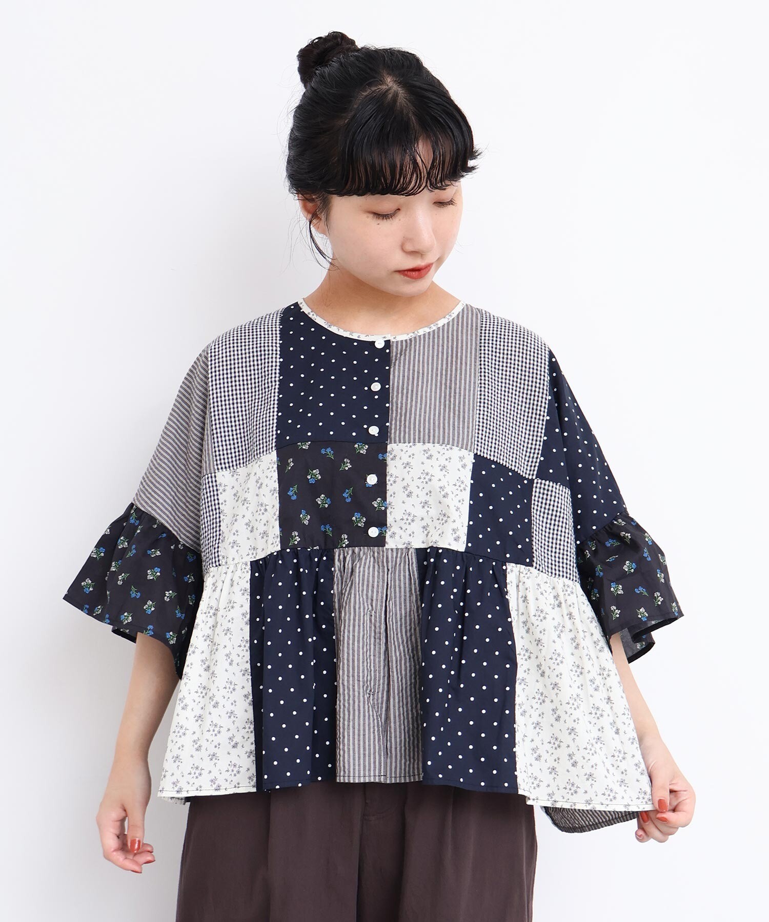 AMBIDEX Store little garden パッチワークブラウス(F クロ): l