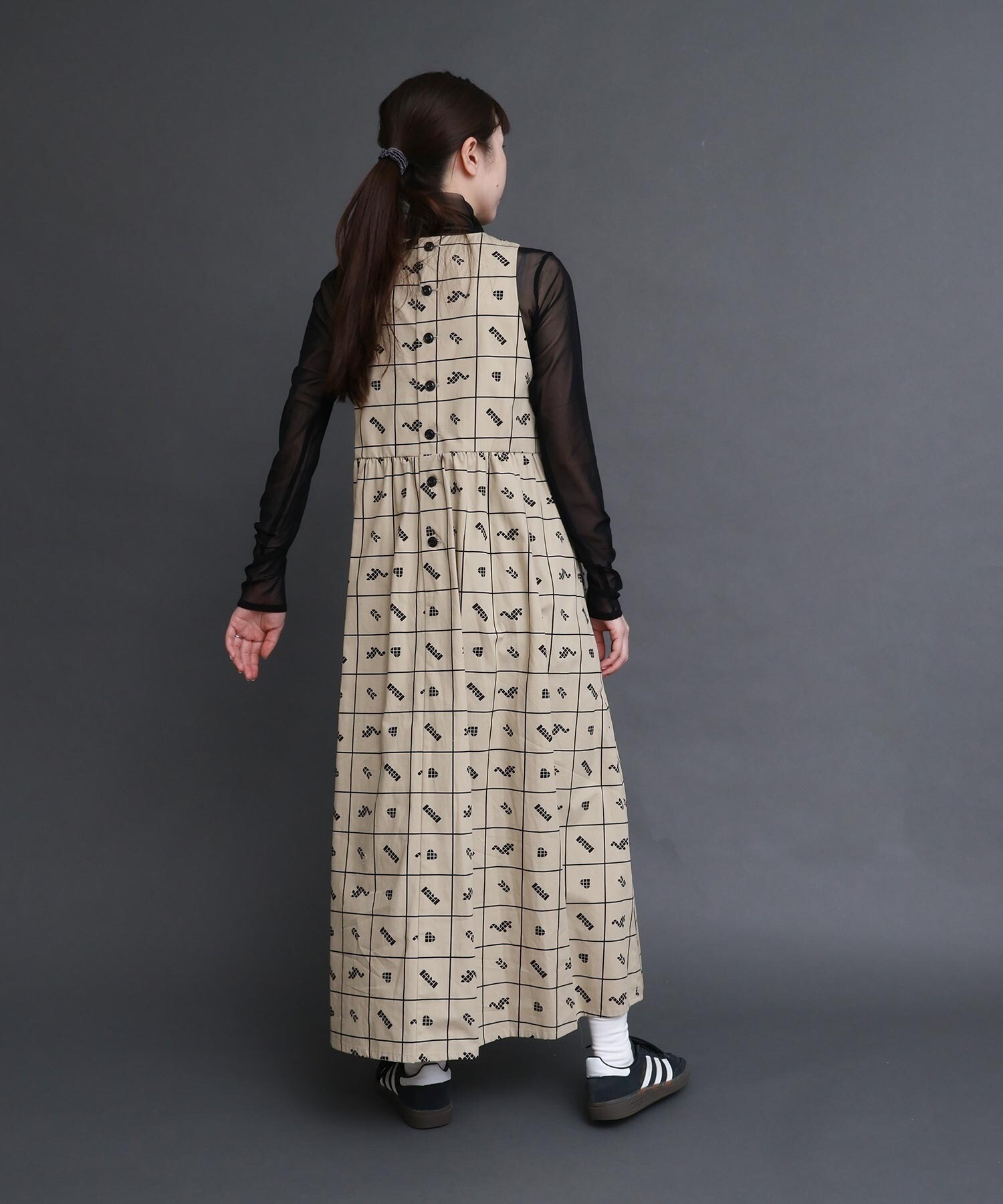 ハンドメイド　ネイビーミックスチェック　フリルワンピース チェック柄フリルリボンキャミワンピース[品番：OUTW0000787