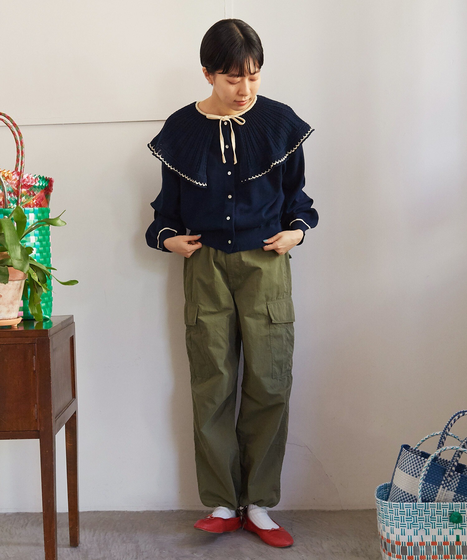 AMBIDEX Store ○○強撚綿透かし編み襟付きカーディガン(F キナリ 