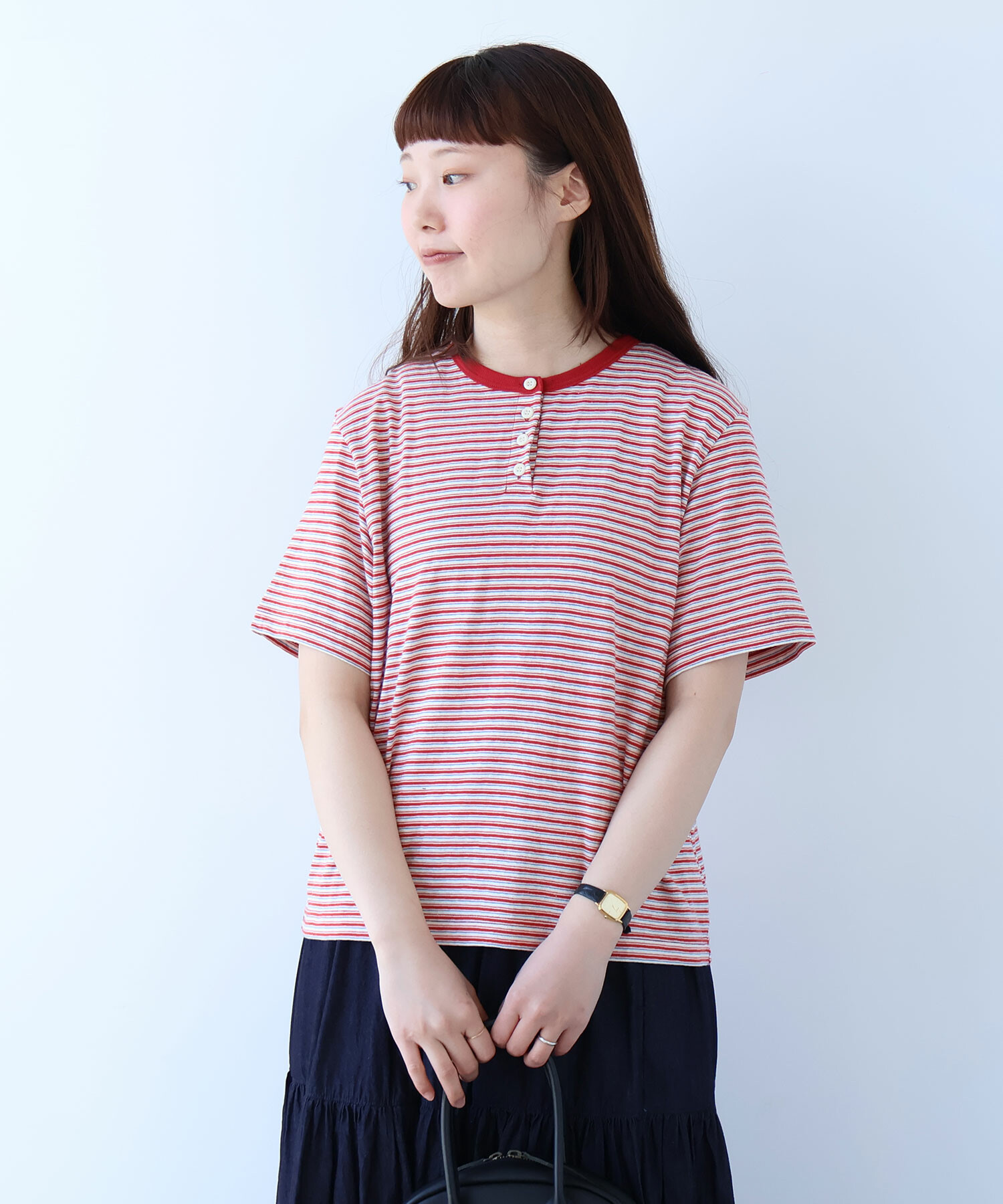 AMBIDEX Store ○ マルチボーダー ヘンリーネック Tシャツ(F アカ