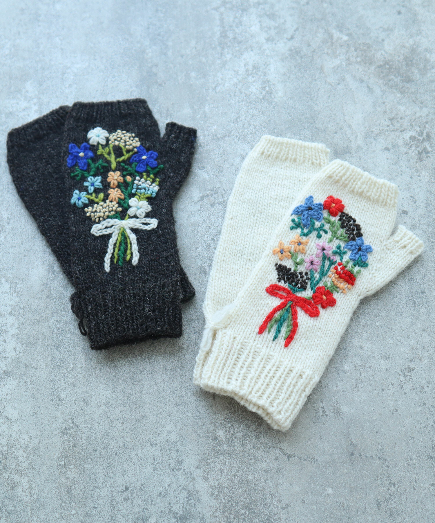 AMBIDEX Store 〇 ペルーハンドニット ブーケ刺繍 グローブ(F コゲチャ