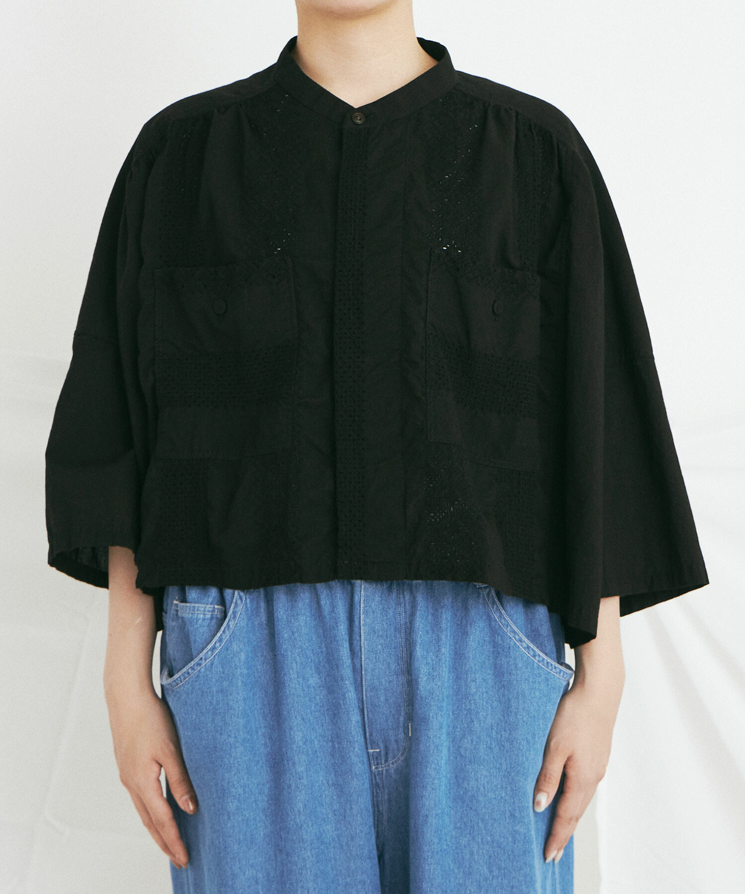 AMBIDEX Store LACE STRIPE刺繍 square ブラウス(F BLACK): buoybuoy