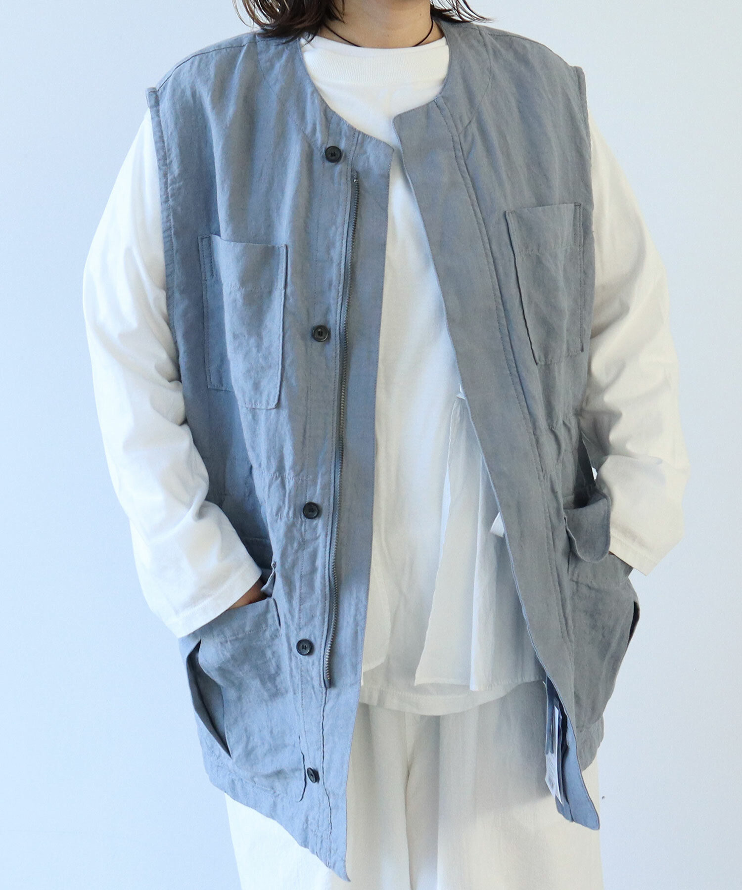 AMBIDEX Store ○60/高密度LINEN ベスト(F BLUEGREY): FLAT-cic-HATENA