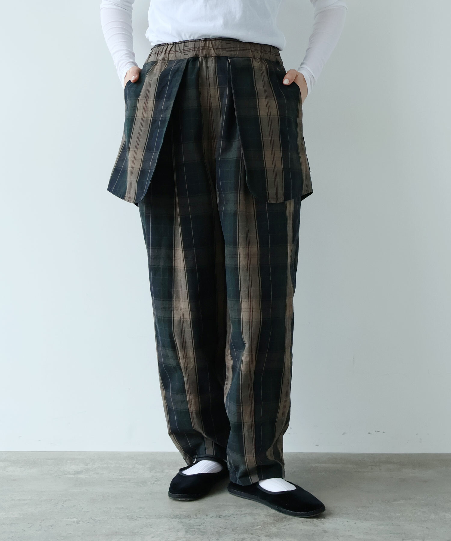 AMBIDEX Store Li/Cクロスワッシャー/CHECK APLON パンツ(F BLACK