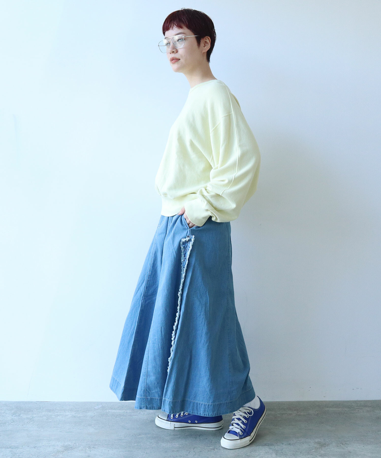 AMBIDEX Store 5.5oz LIGHT DENIM FLARE スカート(F LIGHT BLUE