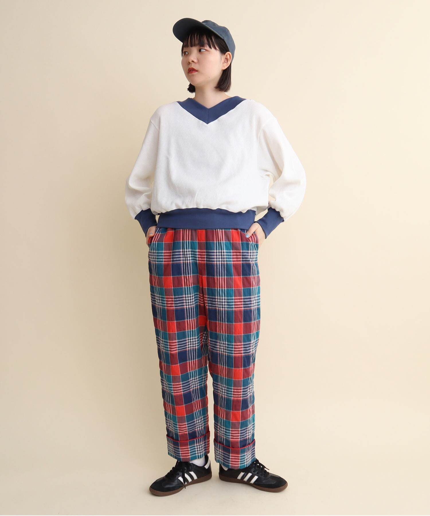 AMBIDEX Store 〇shirring check waist frill PANTS(F アオ): l 