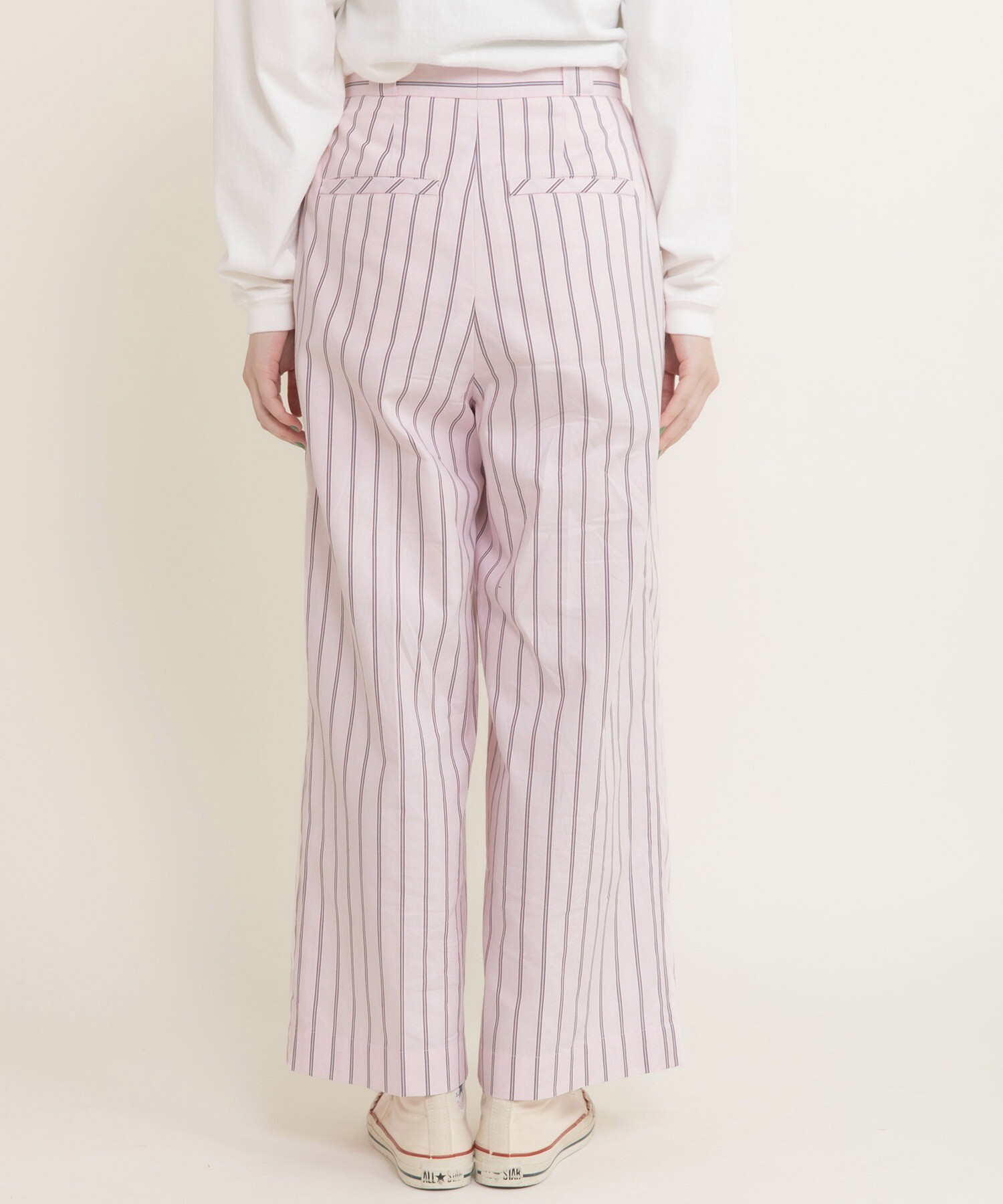 40/-オックスマルチストライプ センタープレスストレートパンツ