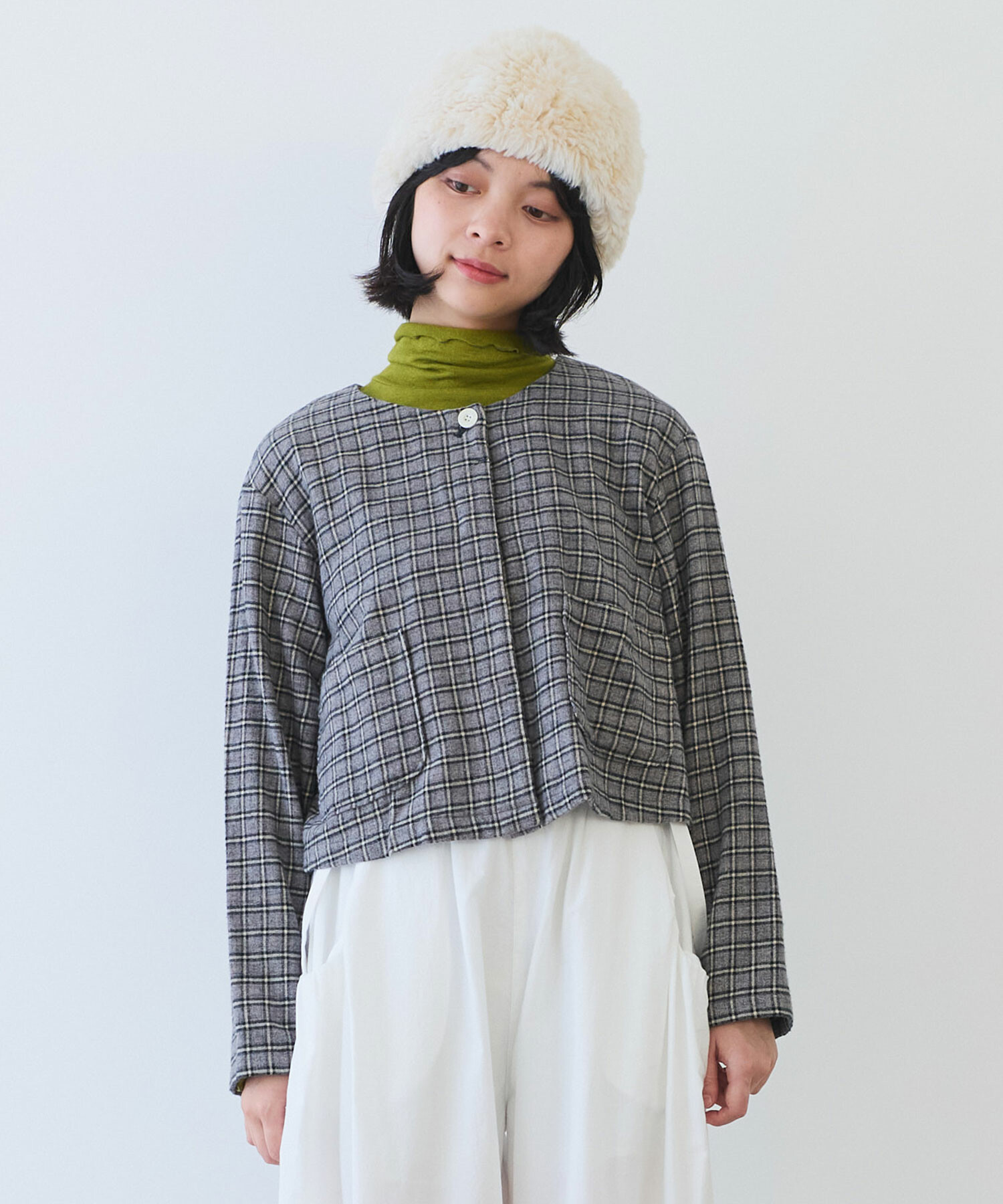 AMBIDEX Store ○ mini チェック ノーカラーブラウス(F アオチェック