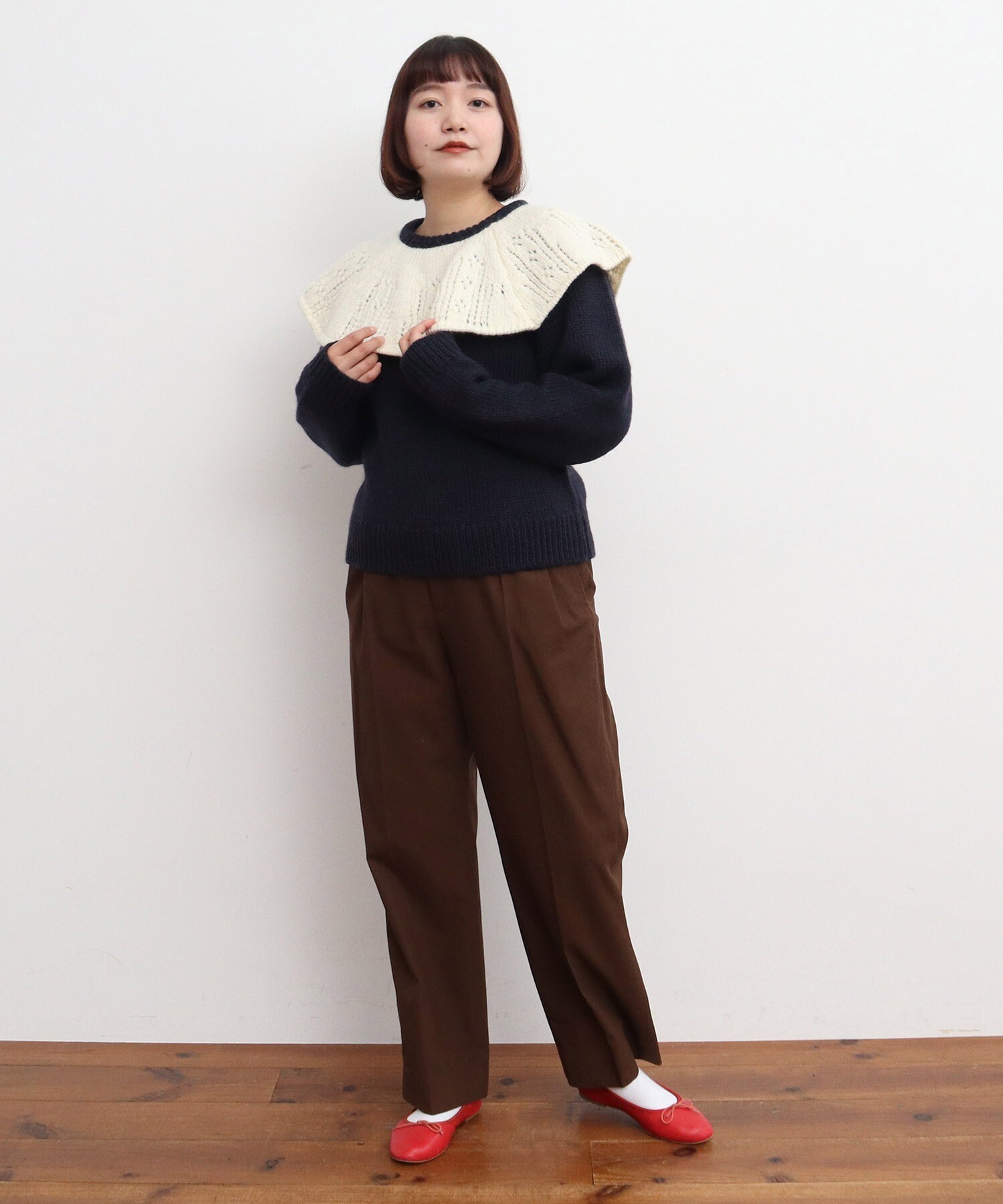 AMBIDEX Store ○1/3Wool 透かし編みケープ襟プルオーバー(F キナリ