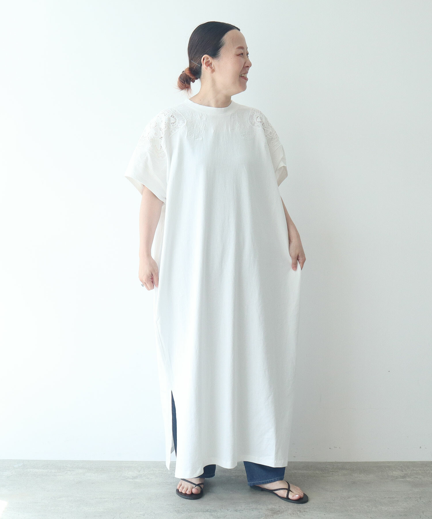 yum フリルハーネス　ホワイト AMBIDEX Store △○コットンレース刺繍ワンピース(F シロ): yuni